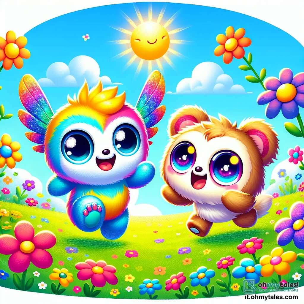 Una piccola creatura colorata, con ali brillanti di blu, rosa e giallo, vola gioiosamente in un campo di fiori vivaci, mostrando un grande sorriso di felicità. Accanto a lei, un adorabile animale rotondo e peloso, con grandi occhi luminosi e un pelo morbido, salta con entusiasmo tra i fiori, irradiando gioia e amicizia. Il luogo è un campo soleggiato, pieno di fiori multicolori che danzano al vento, con un cielo blu chiaro punteggiato di nuvole bianche e soffici. La scena principale mostra i due amici che giocano insieme, ridendo e divertendosi a rincorrersi, creando un momento magico di amicizia e felicità sotto il sole splendente.