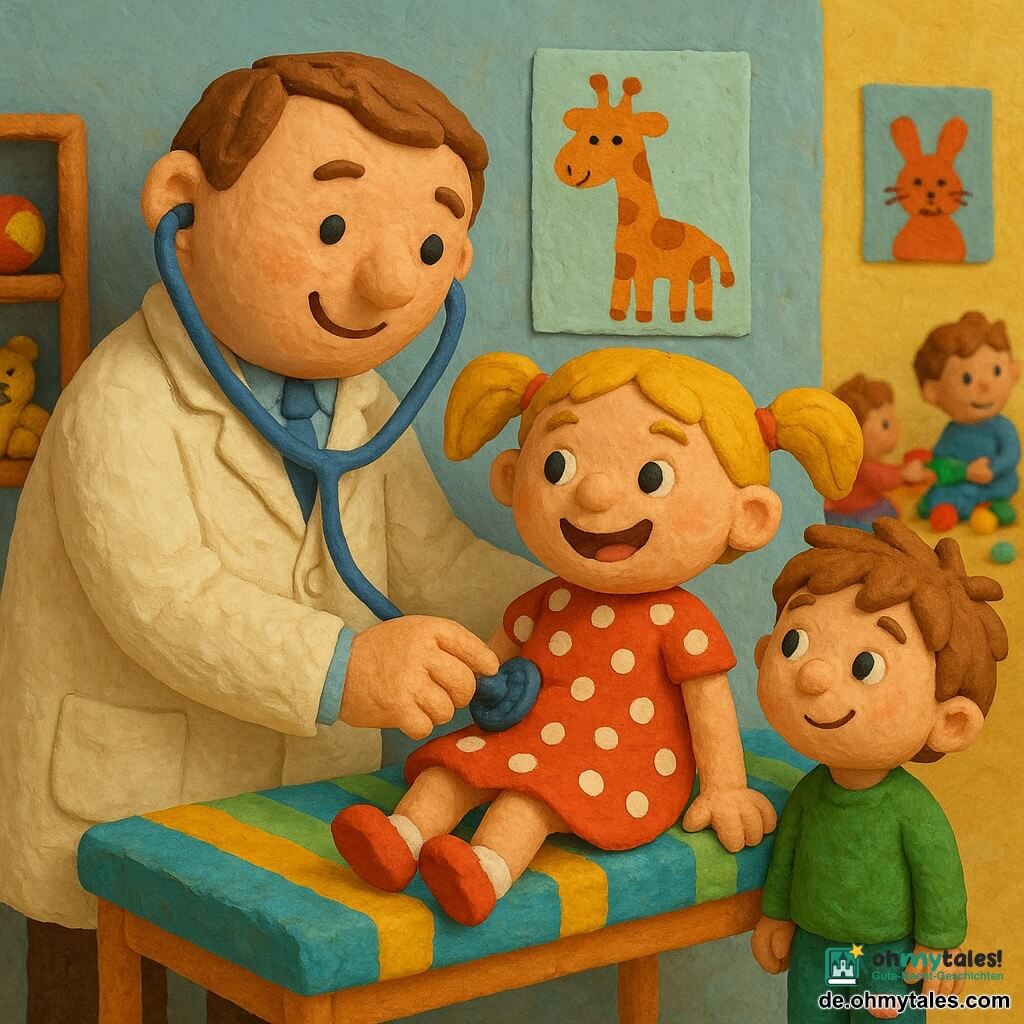 Ein lächelnder männlicher Arzt mit rundem Gesicht und kurzen kastanienbraunen Haaren trägt einen leicht zerknitterten weißen Kittel und ein blaues Stethoskop, beugt sich sanft und legt das Stethoskop auf den Bauch eines etwa fünfjährigen Mädchens (Anna) mit blonden Zöpfen und rotem gepunktetem Kleid, das leicht lachend auf einer bunten Untersuchungsliege sitzt; neben ihr steht ein etwa vierjähriger Junge (Tim) mit zerzausten braunen Haaren und grüner Hose, am Knie ein kleines rosa Pflaster, der den Arzt bewundernd anschaut, alles in einer hellen Kinderklinik mit pastellfarbenen Wänden, lustigen Tierpostern, Regalen mit Holzspielzeug und einem Waschbecken mit schäumender Seife, unscharfe Kinder im Hintergrund spielen, warme Atmosphäre, gesättigte Farben und modelliermasseartige Texturen.