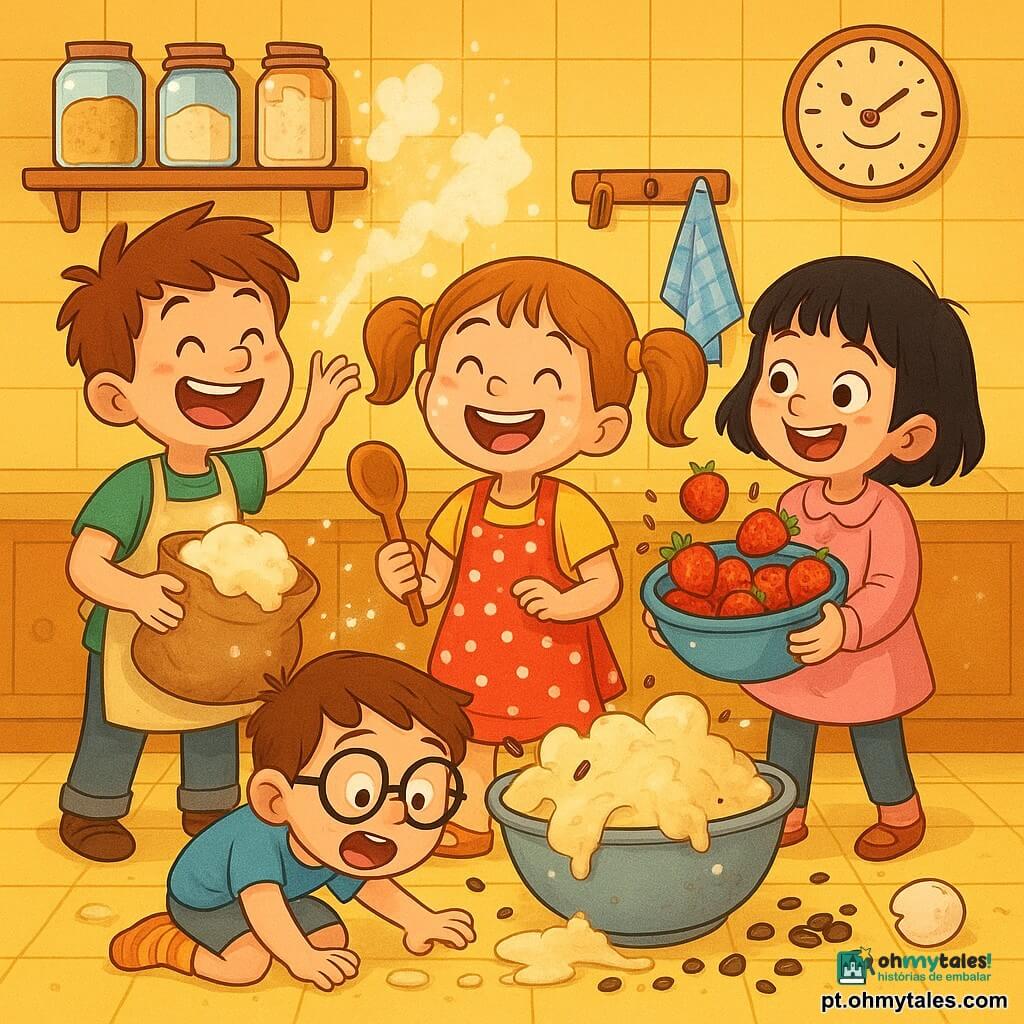 Lila, 6 anos, com cabelo castanho claro em tranças, sorri e ri segurando uma colher de madeira, coberta de farinha; à sua esquerda Tomás, ~7 anos, alto e atrapalhado, cabelo castanho despenteado, lança farinha de um saco aberto; à direita Mimi, 6 anos, pequena e viva, cabelo curto preto, veste bata rosa e segura uma tigela com morangos; diante de uma grande bacia de massa agachado está João, 6 anos, de óculos redondos grandes, com um ovo quebrado no pé e expressão surpresa; a cozinha da avó é acolhedora e colorida (azulejos amarelos, prateleiras de madeira com frascos, toalhas estampadas) e a cena mostra uma bagunça de confeitaria alegre com massa transbordando, morangos e pedaços de chocolate espalhados e nuvens de farinha no ar.