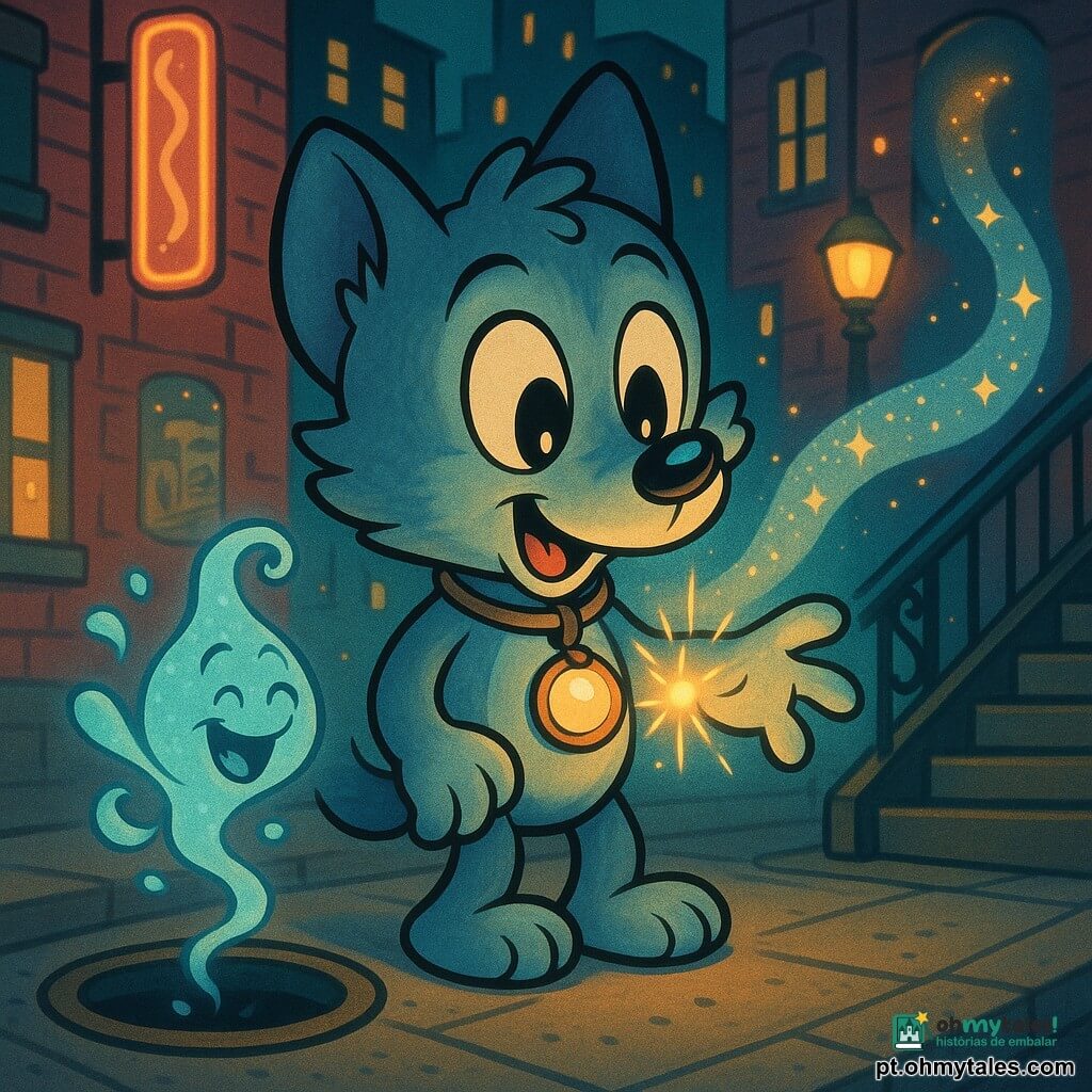 Um pequeno lobo antropomórfico de pé sobre duas patas, lobinho de pelagem cinza com reflexos azulados, grandes olhos curiosos, usando uma pequena coleira de couro e um pingente circular de vidro luminoso sobre o peito que aquece enquanto ele estende a pata para tocá‑lo; do bueiro surge uma gota de água risonha na forma de um espírito d’água translúcido que dança em espiral à esquerda, e da escada do metrô à direita vem um sopro de vento estrelado — um rubi‑fita transparente salpicado de miniestrelas douradas — que acaricia a pelagem; ao fundo telhados e letreiros neon de uma cidade à noite (fachadas de tijolo vermelho, postes amarelos, cartazes antigos, janelas iluminadas), cena mágica e acolhedora em que o pingente brilha e três trilhas sonoras (o bueiro risonho, o sopro estrelado do metrô, os letreiros piscantes) convergem em volta do lobo, composição central, paleta pastel e neon, traços curvos e cheios, sombras suaves.