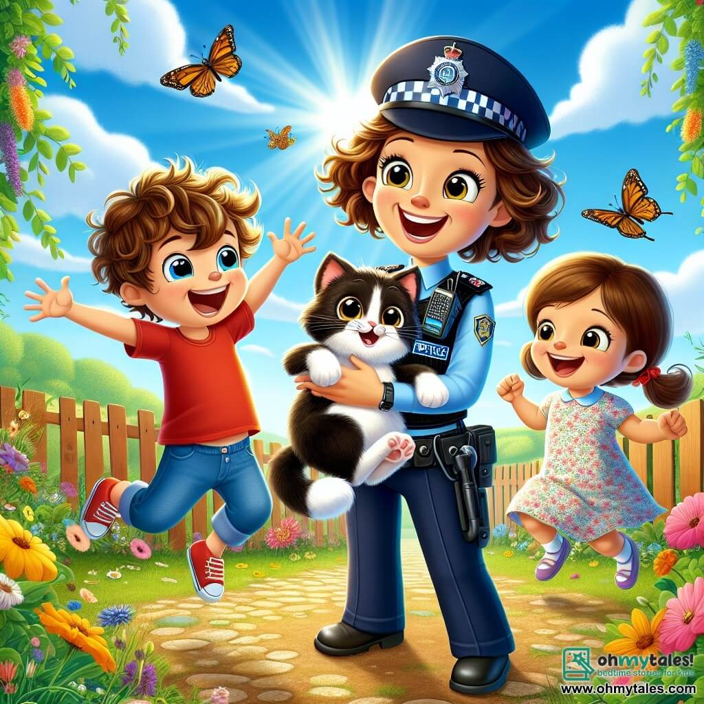 A smiling police officer, Officer Lily, is a woman with curly brown hair wearing a bright blue uniform with a shiny badge. She has sparkling eyes filled with joy and is holding a black and white cat, Mr. Whiskers, in her arms, showing an expression of pride and happiness. Next to her is a 7-year-old boy, Timmy, with messy blonde hair and a red T-shirt, jumping for joy with his arms raised, while his 5-year-old sister, Lucy, with brown braids and a floral dress, smiles while holding a small cat-shaped toy. The scene takes place in a sunny garden filled with colorful flowers and fluttering butterflies, with a wooden fence behind them. Officer Lily and the children are surrounded by greenery, and the sky is a bright blue with a few fluffy white clouds. The main situation shows Officer Lily having just found the lost Mr. Whiskers, and the children express their joy and relief, creating an atmosphere of happiness and adventure.