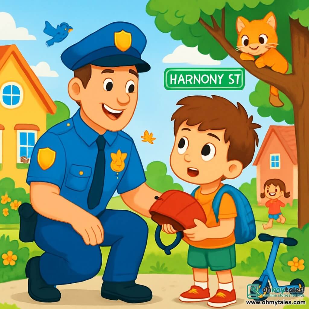 A male police officer named Officer Sam stands with a warm smile on his face. He wears a bright blue uniform, a police hat, and a shiny badge on his chest. His eyes sparkle with kindness and determination. Next to him is an 8-year-old boy, Timmy, with brown hair and curious eyes, looking up at Officer Sam with admiration. Timmy has a blue backpack and holds a red helmet in his hands. The scene takes place on Harmony Street, a sunny street lined with colorful houses and flowering gardens. Birds sing in the trees, and children play joyfully in the background. The main situation shows Officer Sam and Timmy working together to solve the mystery of a missing scooter. Officer Sam crouches down to listen attentively as Timmy explains what happened, while a curious kitten watches them from a nearby tree.