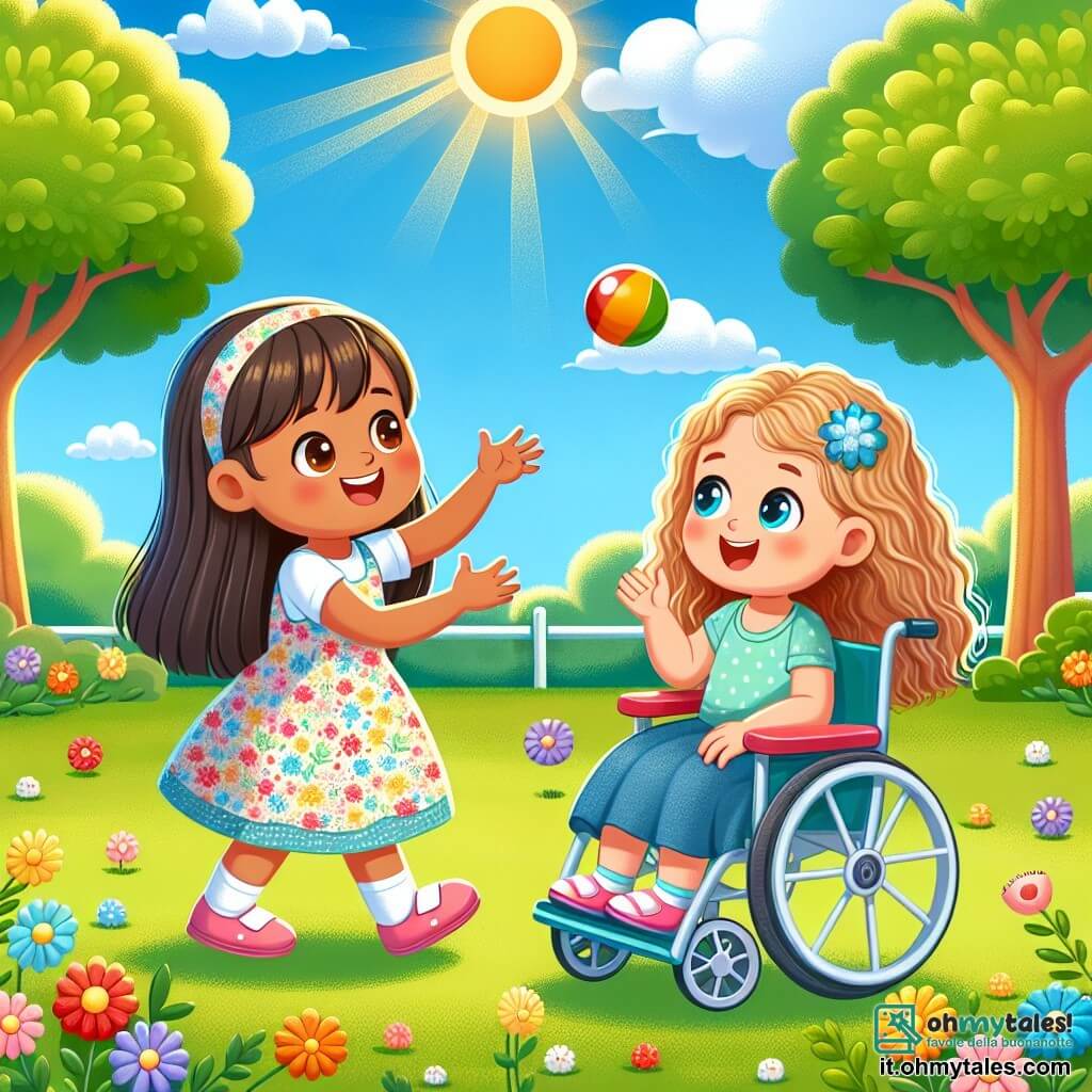 In un parco soleggiato, due amiche stanno giocando. **Mia**, una ragazza di 7 anni con lunghi capelli castani e occhi scintillanti, sorride lanciando una piccola palla rossa. Indossa un vestito colorato con motivi floreali e si trova a sinistra dell'immagine. Alla sua destra, **Sara**, una ragazza di 6 anni con capelli biondi e ricci, è seduta in una bella sedia a rotelle. Ride mentre lancia una palla blu, i suoi occhi brillano di felicità. Il parco è pieno di verde, con grandi alberi dalle foglie verdi e fiori multicolori che danzano al vento. Un cielo blu chiaro si estende sopra di loro, punteggiato da alcune nuvole bianche e soffici. La scena mostra le due amiche che si divertono insieme, lanciando le loro palle colorate e ridendo, illustrando la gioia dell'amicizia e il piacere di giocare insieme, nonostante le differenze.
