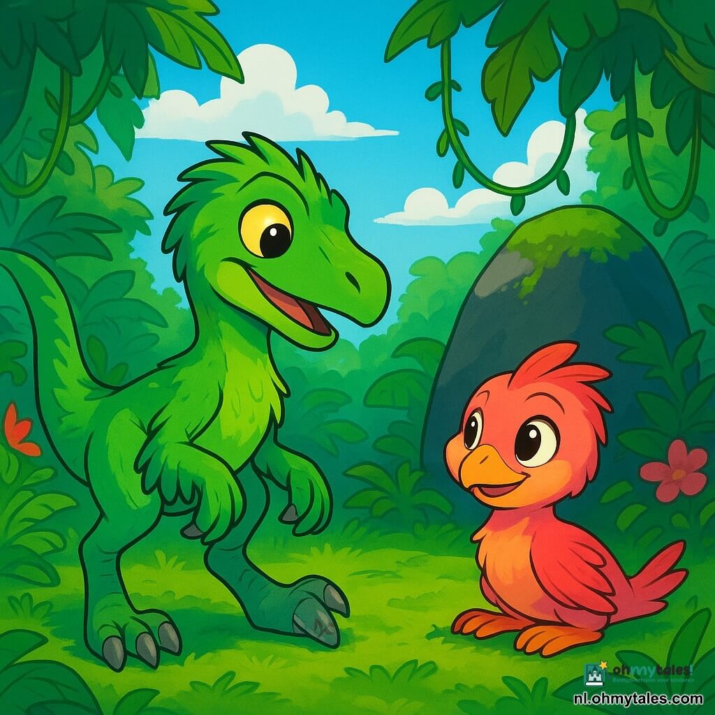 Een vélociraptor met stralend groene veren en sprankelende ogen vol hoop staat in het midden van de scène, met zijn gewonde poot lichtjes geheven, en toont een uitdrukking van vastberadenheid gemengd met nieuwsgierigheid. Naast hem staat een kleine dino, een zwierscout genaamd Zeer, met glanzende veren en een warme blik, die Rakk aandachtig observeert, klaar om te helpen. De achtergrond is een weelderige jungle, vol grote varens, hangende lianen en kleurrijke bloemen die bloeien onder een blauwe lucht met pluizige wolken. Op de achtergrond schittert een grote zwarte steen, de spiegel van de jungle, in de zon, omringd door een tapijt van stralend groene mos. De scène toont Rakk en Zeer voor de spiegel, terwijl Rakk, met een mengeling van bezorgdheid en hoop, zich voorbereidt om het zachte genezende mos aan te raken, terwijl Zeer hem aanmoedigt met een troostende glimlach.