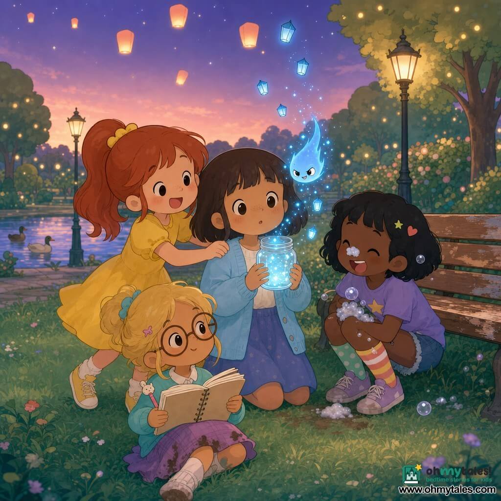 Four 10-year-old girls at Maplewhirl Park at twilight: Mina, brown bob, shy eyes, wearing a light blue cardigan, holds a small shiny glass jar at the center with a determined but gentle look; Zara, red-haired in a ponytail, smiling in a bright yellow dress, stands left giving Mina a friendly nudge; Pip, short black hair, mismatched socks, laughing with bubble foam on her nose, crouches right near a worn wooden bench; Lulu, tied blond hair and round glasses, sits on the grass in front with a slightly muddy skirt, holding an open notebook. A small blue glowing creature shaped like a tiny comet with mischievous eyes floats just above the open jar, leaving lantern-shaped sparks. The park shows soft green lawn, round luminous leaves, early golden lampposts, drifting filament lanterns, a peach-and-violet sky and distant ducks; the scene is a calm, joyful dusk celebration with pastel colors contrasted by the star’s bright blue light, composition centered on Mina and the jar.