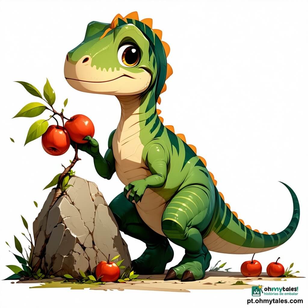 Um velociraptor chamado Risco, expressivo e reconhecível, rosto alongado, penas curtas verde-sálvia com riscas ocres, olhos redondos brilhantes e sorriso terno, ajoelhado com as patas dianteiras sobre um pequeno ramo verde segurando delicadamente dois frutos vermelhos brilhantes; à esquerda um grande anquilossauro Guardião, corpo maciço coberto por placas cinzentas texturizadas, postura protetora, pressiona uma placa da carapaça contra uma pedra para formar uma barreira olhando para a árvore; à direita um pequeno dinossauro magro e empoeirado de tamanho infantil, escamas cor de areia e olhos tímidos, oferece uma folha-cunca a Risco e ajuda a empilhar pequenas pedras ao redor da árvore; cenário num vale de terra queimada com solo negro rachado, fissuras profundas, troncos calcinados eretos e fagulhas douradas flutuando; ao centro uma pequena árvore quase cinza com um ramo verde vivo e alguns frutos vermelhos brilhantes, cercada por pedras empilhadas e um halo de luz quente; momento de cuidado e proteção, gestos cooperativos para proteger a árvore frágil (empilhar pedras, segurar frutos, formar barreira), forte contraste entre as texturas ásperas do solo e a suavidade brilhante dos frutos, luz suave de fim de tarde com tons quentes ao redor da árvore e tons frios no solo, composição centrada e atmosfera de esperança calma e colaborativa.