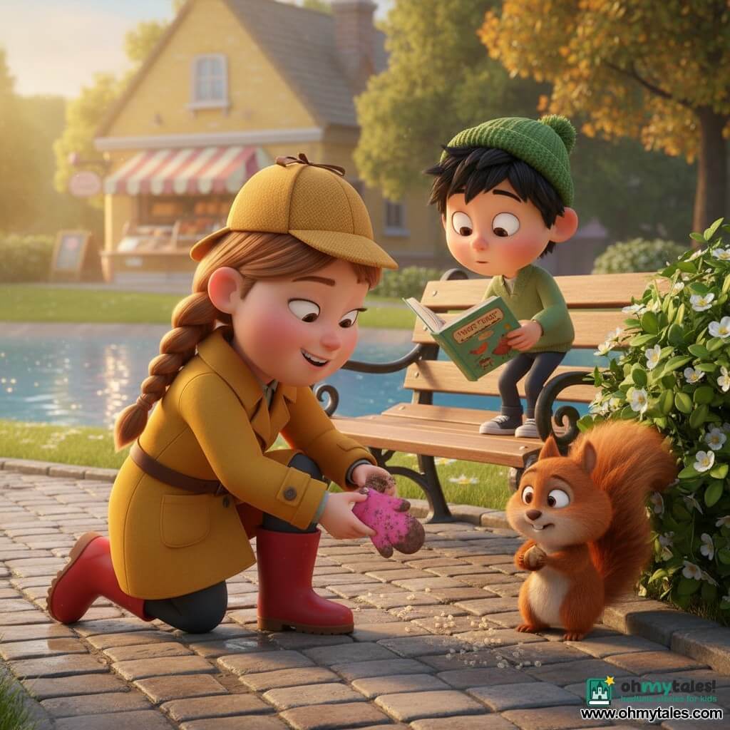 A young girl detective, about nine, with a round face and light brown braided hair, smiling and focused in a beige detective hat, mustard-yellow coat and red boots, kneels to pick up a muddy pink mitten near a pond; a small red squirrel with mischievous eyes holds a hazelnut by a bush and looks sheepish from the right, while a seven-year-old boy with messy black hair in a green beanie holds a bird book on a bench behind, watching curiously; the sunny village park morning shows a wet cobbled path, green bushes with tiny white flowers, a gleaming pond and a distant yellow-brick bakery, sugar crumbs lead from the bench to the bush, and the scene is warm, cozy and brightly lit with soft textures and golden morning light.