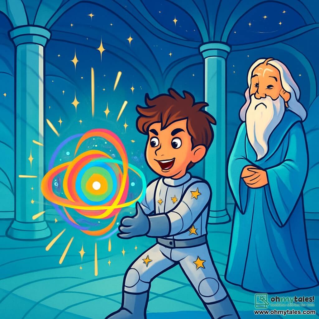 A man named Jasper Starlight, with tousled hair and sparkling eyes full of curiosity, stands in the center of a bright room, a look of wonder on his face. He wears a silver spacesuit adorned with star patterns, and his hands are outstretched towards a shimmering orb, the heart of harmony, pulsating with vibrant colors. Beside him, Lumin, an elderly man of about 60 with a long silver beard and star-like bright eyes, watches him with admiration. He is dressed in a flowing iridescent robe that reflects the ambient light, standing slightly back with his hands clasped in front of him, as if witnessing a magical moment. The setting is a large circular chamber within the Celestial Citadel, with undulating walls resembling the surface of a tranquil lake, illuminated by dancing light patterns. Crystal columns rise to a starry ceiling, creating an atmosphere of mystery and beauty. The main scene shows Jasper, focused and determined, restoring the energy of the heart of harmony, while bursts of light surround him, illuminating the room with a magical glow.