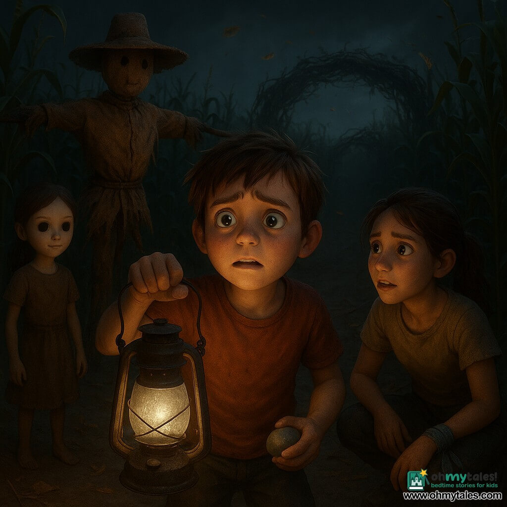 Milo, a 12-year-old boy with a round face, tousled brown hair and wide wet eyes, terrified but determined, holds an old metal lantern casting a pale silver glow and clutches a smooth stone; Tessa, about 12, brown hair in a ponytail, face dirty but alive, crouches by a dirt path looking at Milo with relief and fear, a blue bandana tied around her wrist; a fake Tessa with the same features but a frozen smile and unblinking eyes stands slightly back like a doll, lantern light revealing waxy pallor; a tall, lopsided scarecrow made of straw with a burlap sack head, no drawn face, hat and arms lashed to a wooden cross, slides forward dragging roots and straw; the setting is a maze of tall, tight corn rows with dark green stalks and serrated leaves, dusty earth, shadowed clearings and a twisted arch of brambles and dry pods in the background; main situation: Milo and Tessa move toward the threatening bramble arch lit by the lantern while the fake Tessa and scarecrow encircle them, tense ominous atmosphere, strong contrast between silver light and deep shadows, dead leaves and straw drifting in the air; visual style: soft colorful 3D animation look with realistic textures of burlap, straw, lantern leather and muddy surfaces, cinematic high-contrast lighting, composition centered on Milo holding the lantern.
