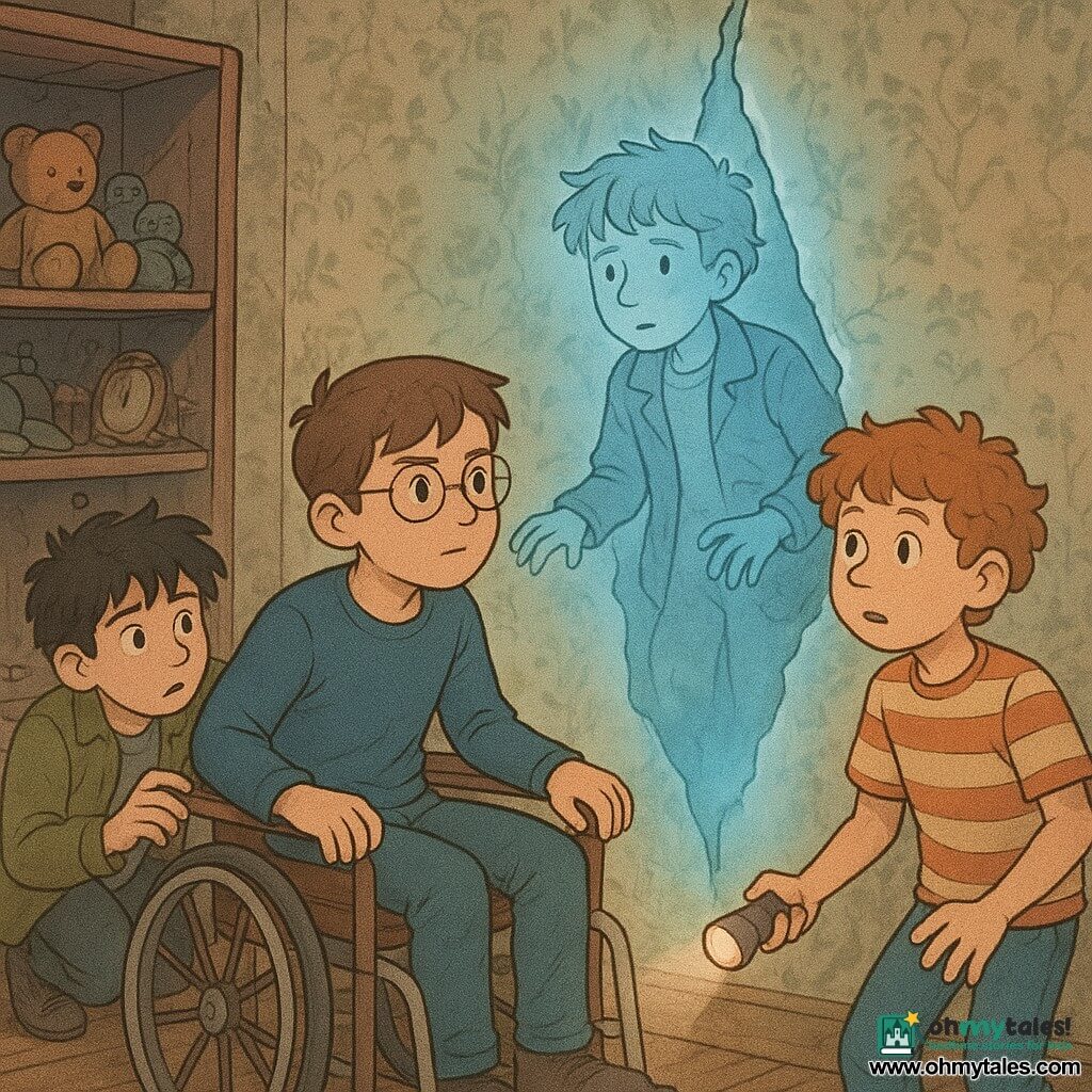 There are four children: Lucas, about 12, short brown hair, round glasses, seated in a wooden-and-metal wheelchair at center left, leaning forward with a brave look lit by a blue glow; Felix, about 11, curly red hair, striped tee, standing to Lucas’s right on tiptoe holding a small flashlight that illuminates dust motes and points at the wall, worried but curious; Sam, about 11, messy black hair, green jacket, hands trembling, crouched rear left by a sagging shelf, staring at the crack in astonishment; and Eliot, a ghostly boy of about 10 with disheveled hair, a bluish semi-transparent body wearing an old jacket, floating just inside a pale blue fissure with hands reaching out and a gentle, sad expression. They stand in an old bedroom-turned-hallway with torn floral wallpaper, creaky wood floors, crooked shelves of lost objects (teddy, shoes, broken clocks) and a vertical shimmering pale-blue crack from floor to ceiling emitting a soft cold light; the scene is mysterious and slightly scary yet warm because of the children’s compassionate expressions.