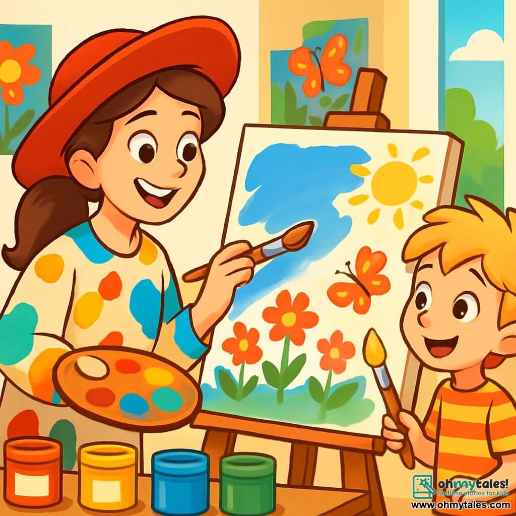 An artist woman, Miss Lily, wearing a large red hat and a colorful blouse, is joyfully painting a blue sky on a white canvas. Her eyes shine with excitement, and her brown hair is tied in a ponytail. Next to her, a 7-year-old boy, Timmy, with messy blonde hair and a striped t-shirt, holds a brush and looks in wonder at the canvas, ready to paint a yellow sun. The scene takes place in a bright studio filled with vibrant paint pots, large brushes, and white canvases. The walls are decorated with colorful paintings, and sunlight streams in through a large window, illuminating the space. Miss Lily and Timmy are creating an artwork together, filled with colorful flowers and butterflies, expressing their joy and creativity.