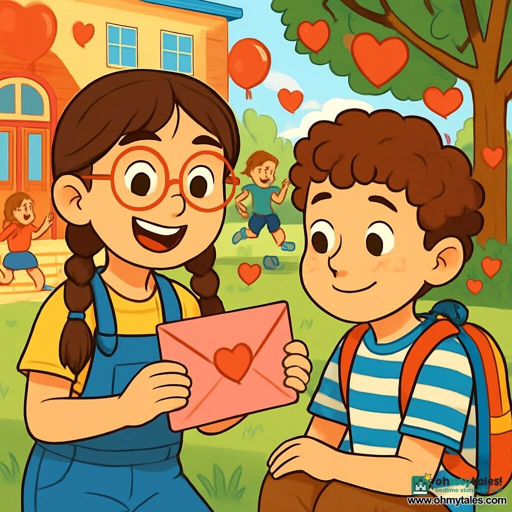 A 10-year-old girl, Maya, with brown braided hair and round glasses, smiles joyfully while holding a pink envelope. Her eyes sparkle with excitement and kindness. Next to her, a 10-year-old boy, Sammy, with curly hair and a striped shirt, looks at the envelope with a shy smile, sitting on the green grass. He carries a colorful backpack and seems happy to be included in the group. In the background, a lively schoolyard is decorated with red balloons and paper hearts hanging from the trees, where other children are playing and laughing. The scene shows Maya and Sammy exchanging valentines, surrounded by classmates, in a festive and warm atmosphere, full of bright colors and joy.