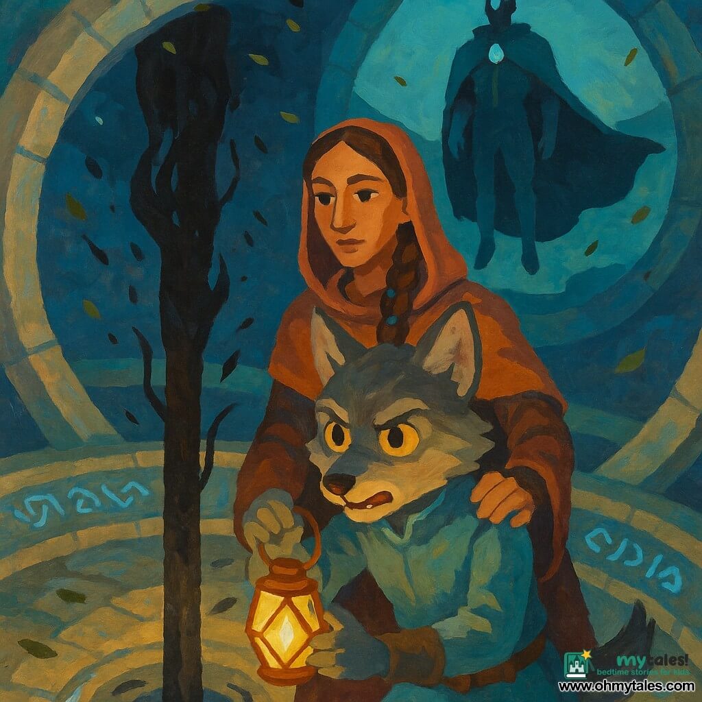 The main character is a young anthropomorphic wolf (an apprentice engineer) with an expressive face and bright amber eyes, ashy gray fur, tense but determined posture; he holds a small handmade copper-and-glass prism lantern and turns a copper-wire ring in a split column. Sister-Protocol Nema, a human ritual-keeper in a robe with braided hair threaded with glowing beads, looks firm but kind and stands just behind him with a hand on his shoulder. Captain Vela, an imposing humanoid with a large flowing cloak and a glowing antenna-staff, watches from a few paces upraised, serious and focused, casting a bluish halo. In the background a voice-echo is trapped in a small luminous prism beside the column, a soft pale glow representing Auric, calm and relieved. The setting is the interior of a ruined space ring: a circular stone-and-metal floor, floating debris like leaves, silver-blue runes along the edges, and dark particle curtains (black ink specks) leaking from the central fissure. The scene shows the young wolf inserting a counter-flow ring into the cracked column as the dark magic withdraws in thin spirals; tension dissipates, with contrasting lighting (cold breach shadows and warm prism glows), composition centered on sealing the rift.