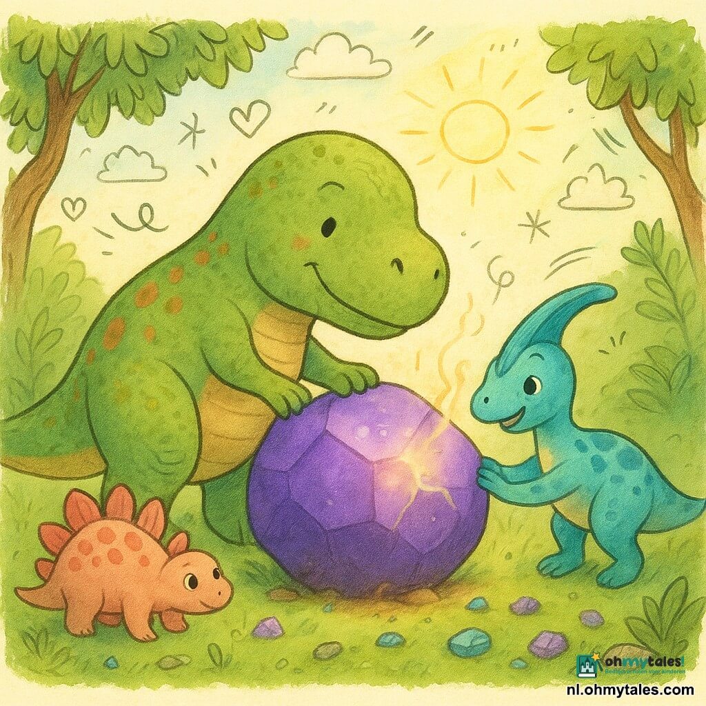Grote, ronde Tyrannosaurus Rex met groen, licht geschubd vel en oranje vlekken toont een zachte, vastberaden blik en duwt met zijn poten een grote glanzende paarse steen; Plume, een kleine levendige Parasaurolophus met lange turquoise kam en blauwe vlekken, glimlacht hoopvol en helpt de steen iets rechts van de T. rex te duwen; een verlegen jonge stegosauri met roze platen staat op de achtergrond links, ogen vol vreugde terwijl hij ziet hoe de bladeren weer groen worden; de open plek heeft nat gras en kleine fonkelende edelsteentjes paars, blauw en groen, met enkele knoestige boomstammen en glanzende bladeren als kader; een lichte rookkolom ontsnapt uit een scheur onder de steen, gouden stralen doorboren de klare lucht en verlichten dauwdruppels die als parels glanzen; kleurrijke compositie, zachte contrasten, ronde lijnen en warme gezichten, magische geruststellende sfeer voor kinderen.