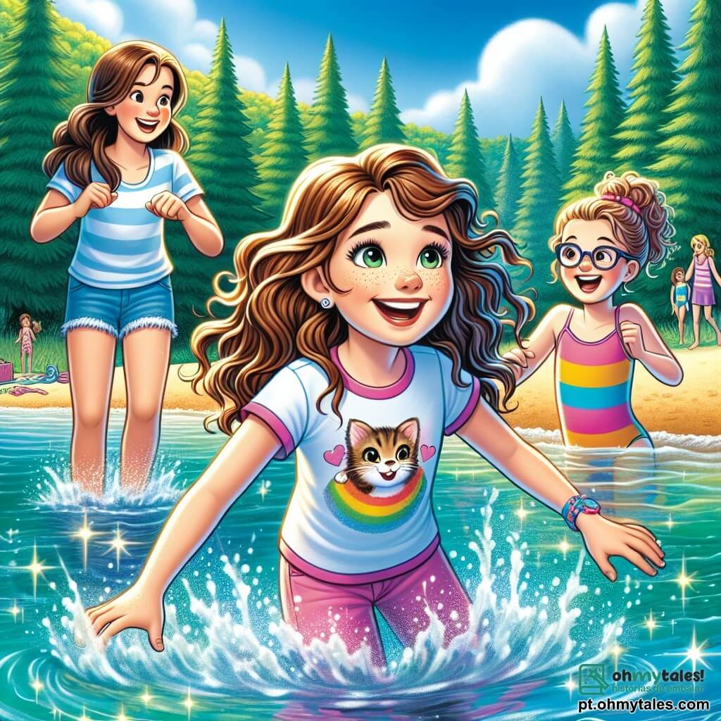 Clara, uma menina de 12 anos, tem cabelos castanhos ondulados e olhos cheios de curiosidade, sorri entusiasticamente enquanto mergulha no lago cristalino, com os braços abertos e o rosto iluminado pela alegria. Ao lado dela, Sofia, outra menina de 12 anos com cabelos cacheados e uma camiseta colorida, ri enquanto respinga água, enquanto Julia, uma menina de 12 anos usando óculos e um maiô listrado, as observa com um sorriso cúmplice, segurando um livro na praia. O lago é cercado por grandes árvores verdes com folhas brilhantes, e o céu é de um azul radiante, salpicado de algumas nuvens brancas e fofas. A cena irradia uma atmosfera de felicidade e amizade, com risadas de crianças ecoando no ar quente do verão. Clara e suas amigas se divertem nadando e brincando, criando respingos de água cintilantes sob o sol radiante.