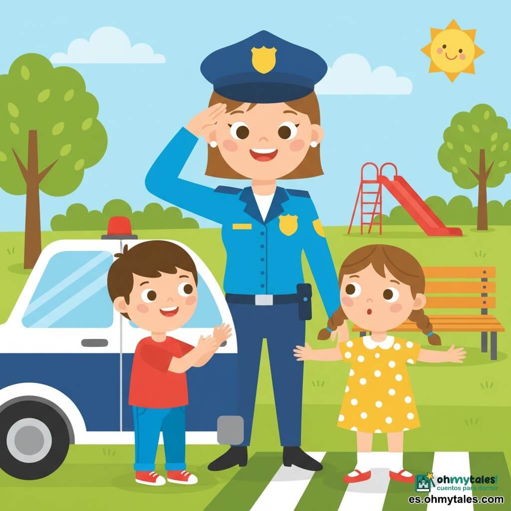 Una mujer policía sonriente y amable con uniforme azul brillante, gorra redonda y placa dorada en el pecho, saluda con la mano derecha mientras abre la puerta de un coche patrulla blanco y azul; a su izquierda aplaude un niño de 6 años de cabello castaño corto con camiseta roja y vaqueros, y delante, sobre un paso de peatones tipo cebra, una niña de 5 años con dos trenzas y vestido amarillo de lunares blancos mira a ambos lados imitando la lección; parque colorido con césped verde, árboles redondeados, banco de madera, tobogán rojo, cielo azul claro y sol sonriente; la policía enseña a cruzar la calle, los niños practican, ambiente alegre y seguro, colores vivos y formas sencillas.