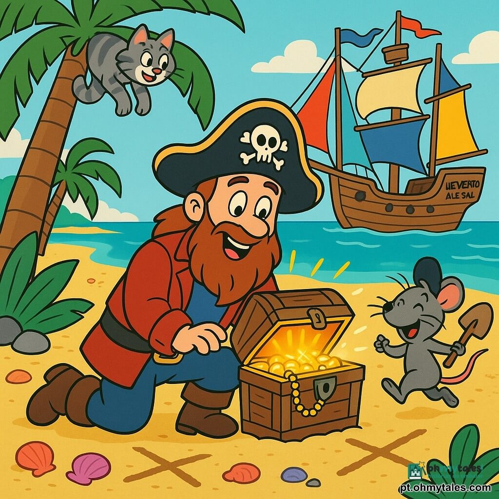 Um homem — o capitão Barba Suave — sorri orgulhoso, barba longa castanha, chapéu de pirata, ajoelhado na areia abrindo um baú antigo de onde sai uma luz dourada e moedas brilhantes; um pequeno rato pirata corre alegremente com uma pá de madeira à direita do capitão; um gato tigrado cinza sobe num tronco de palmeira observando a cena; na praia há areia dourada com conchas, folhas de palmeira, alguns rochedos e o oceano azul-turquesa ao fundo; o navio "Le Vento Alegre" está ancorado perto da costa com velas coloridas; momento de descoberta do tesouro marcado por um grande X no chão, colares e reflexos dourados iluminando os rostos, atmosfera calorosa e aventureira.
