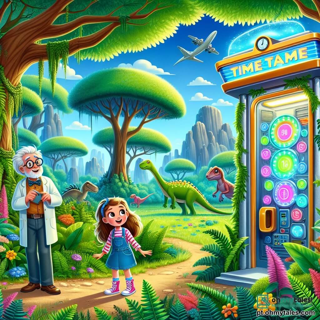 Uma menina de 8 anos, com longos cabelos castanhos e olhos brilhantes de curiosidade, está no centro do palco, maravilhada e sorridente, diante de uma máquina do tempo em forma de cabine telefônica, adornada com botões coloridos e luzes cintilantes. Ao seu lado, o professor Tic-Tac, um homem idoso com cabelos desgrenhados e óculos redondos, ajusta seus óculos com um ar animado, observando a menina com orgulho. O cenário é uma floresta pré-histórica exuberante, cheia de árvores gigantes com folhas verdes vibrantes, samambaias e flores coloridas, sob um céu azul claro com algumas nuvens fofas. Ao fundo, vêem-se silhuetas de pequenos dinossauros coloridos se movendo tranquilamente entre as árvores. A cena principal mostra a menina pronta para entrar na máquina do tempo, seu rosto iluminado pela excitação da aventura que está por vir, enquanto o professor Tic-Tac lhe dá conselhos com um sorriso encorajador.