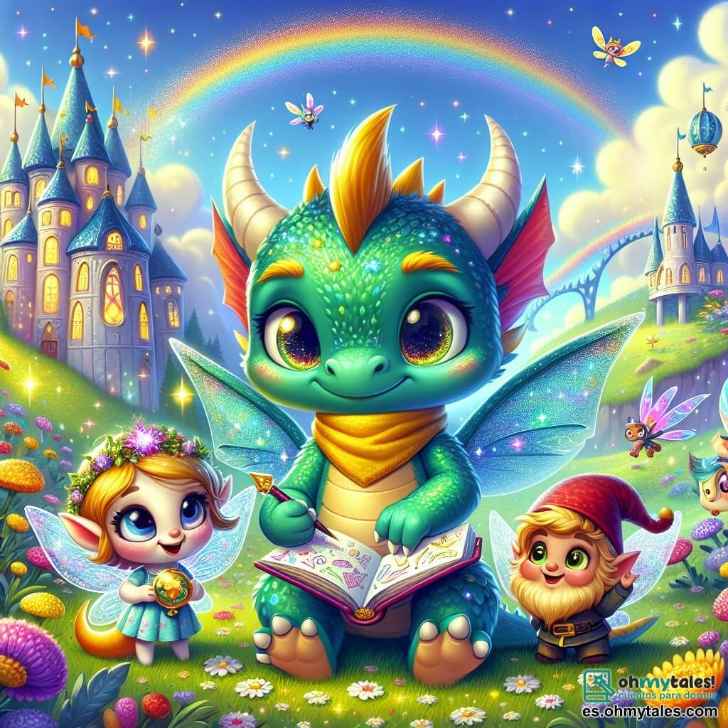Un pequeño dragón llamado Lumis, con piel verde esmeralda brillante y ojos resplandecientes como estrellas, está en el centro de la imagen, mostrando una expresión de emoción y curiosidad. Lleva una bufanda amarilla que flota suavemente al viento y sostiene un cuaderno mágico abierto, lleno de dibujos coloridos. A su izquierda, su mejor amiga Lila, una pequeña hada con alas translúcidas y brillantes, sonríe alegremente mientras sostiene una varita mágica, rodeada de pequeñas chispas luminosas que bailan a su alrededor. A la derecha, Ferrus, un pequeño gnomo con un sombrero puntiagudo rojo y una barba espesa, mira a Lumis con admiración, sus ojos brillando de alegría. Sostiene una pequeña brújula de oro, listo para explorar nuevas aventuras. El escenario está frente a la majestuosa "Academia de los Sueños", un edificio encantador en una colina, rodeado de suaves nubes y flores coloridas que parecen cantar. Arcos iris se dibujan en el cielo azul, añadiendo un toque de magia. La escena representa el momento en que Lumis y sus amigos se preparan con entusiasmo para su primer día de clase, llenos de emoción y anticipación por las aventuras que les esperan.