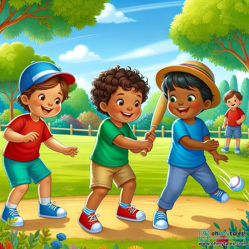 Three boys are playing together in a sunny park. Leo, a 7-year-old with curly hair and fair skin, is wearing a red t-shirt and blue shorts, showing Sam how to kick the ball. Sam, a 6-year-old with dark skin and curly hair, is dressed in a bright blue t-shirt and beige pants, laughing as he tries to kick the ball. Ravi, an 8-year-old with fair skin and straight hair, is wearing a colorful hat and a green t-shirt, standing a bit back, smiling and ready to play. The park is lush with majestic trees and colorful flowers swaying in the wind under a bright blue sky, with the sun shining down. The boys are learning to play ball together, laughing and encouraging each other, showcasing the beauty of friendship and diversity as they enjoy their time in this joyful setting.