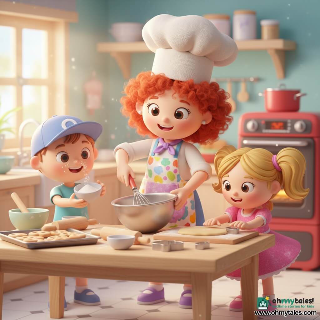 A smiling, warm female chef with bouncy curly red hair, a soft white fabric toque and a colorful flour-stained apron whisking batter in a large metal bowl; Timmy, about 7, in a blue cap with big brown eyes, sprinkling flour from a small bowl so it forms a cloud around his nose to the chef’s left; Lily, about 6, with blonde pigtails in a twirly pink dress using a heart-shaped cookie cutter on rolled dough to the chef’s right; bright, colorful kitchen with a light wood table strewn with bowls, a rolling pin and cookie sheet, an open red oven, warm sunbeams through a window and simple patterned tiles; joyful cookie-baking moment with a little flour in the air, soft mood, vivid colors and plastic-and-fabric textures for a 3D figurine effect.