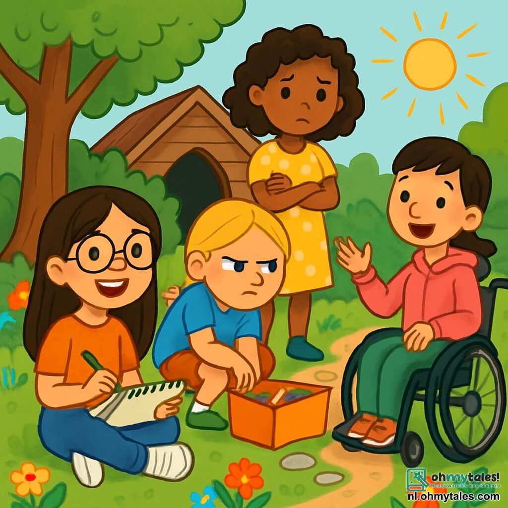 Er zijn 4 kinderen: - Noor: een 9-jarig meisje met lang bruin haar en ronde bril. Ze zit op het gras met een schetsboek en een potlood, met een grote glimlach op haar gezicht. - Samira: een 9-jarig meisje met krullend haar en een gele jurk met stippen. Ze staat iets achteraf met een verdrietige uitdrukking en haar armen over elkaar. - Lotte: een 9-jarig meisje met gevlochten blond haar en een blauwe t-shirt. Ze hurkt bij een doos met materialen, boos kijkend naar Samira. - Kim: een 9-jarig meisje met kort haar en een roze hoodie. Ze zit in haar rolstoel, glimlachend, terwijl ze probeert de situatie te kalmeren met een vriendelijke gebaar. De situatie speelt zich af in een hoek van de schooltuin, vol met kleurrijke bloemen en grote bomen. Er is een klein houten bankje en decoratieve steentjes rond hun geheime clubhuis, verborgen achter groene struiken. De hoofdscène toont de vier vriendinnen die met elkaar praten. Noor tekent vrolijk, maar Samira lijkt verdrietig en Lotte is boos over de situatie. Kim probeert de spanningen te verlichten met een warme glimlach, terwijl de zon boven hen schijnt en een zachte, vriendelijke sfeer creëert.