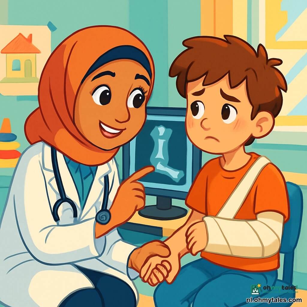 Een vrouwelijke arts, genaamd Noor, wordt afgebeeld met een warme glimlach en ogen die glanzen van medeleven. Ze draagt een onberispelijke witte labjas en een stethoscoop om haar nek, en zit naast een jonge jongen genaamd Bas, die ongeveer 8 jaar oud is. Bas heeft rommelig bruin haar en een bezorgde maar moedige uitstraling, met een arm in een mitella. De setting speelt zich af in een licht en gastvrij ziekenhuis, met pastelgekleurde muren, tekeningen van kinderen aan de muur en speelgoed verspreid over een tafel. Noor laat Bas een afbeelding van zijn röntgenfoto op een scherm zien en legt hem zachtjes uit wat er aan de hand is. De belangrijkste situatie toont Noor die Bas geruststelt, hem teder de hand vasthoudend, terwijl stralen van licht door het raam filteren en een warme en troostende sfeer creëren.