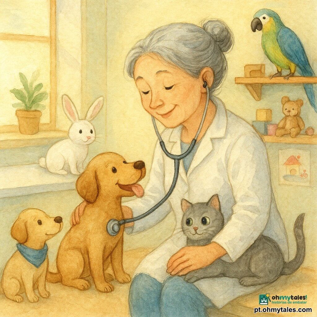 Dona Clara, médica sorridente de cabelos grisalhos presos em coque e bata branca, ausculta com estetoscópio um cão claro chamado Max sentado abanando o rabo; o coelho branco Tico pula sobre a mesa de exame, a gata cinza Mimi ronrona no colo, o papagaio colorido Paco empoleirado na prateleira observa e o cão Bebé com lenço azul espera sentado à esquerda; a clínica é luminosa e acolhedora, paredes em tons pastéis, estante de madeira com brinquedos e desenhos, grande janela com luz suave e plantas, exame realizado com gestos calmos e ternos numa atmosfera serena com aspecto aquarela.