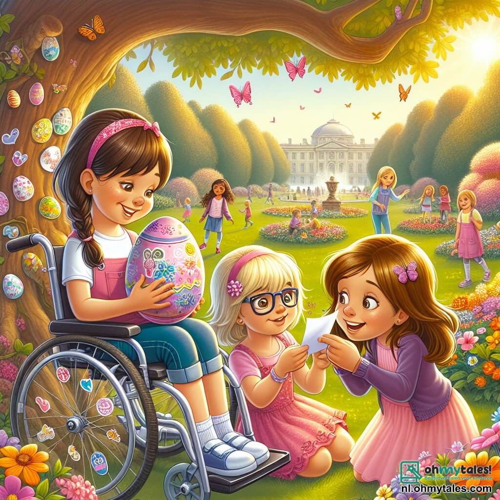 Drie vriendinnen, Mila, Emma en Noor, staan in een zonnig park, omringd door kleurrijke bloemen en groene bomen. Mila, een 10-jarig meisje, zit in een mooie rolstoel versierd met stickers, met bruin haar en een bril. Ze glimlacht terwijl ze een gekleurd paasei vasthoudt. Rechts van haar kijkt Emma, een 9-jarig meisje met blonde vlechten in een roze jurk, opgewonden naar het mysterieuze ei dat ze zojuist heeft ontdekt. Links is Noor, een 10-jarig meisje met kastanjebruin haar en een bril, die zich vooroverbuigt om een klein papiertje te bekijken dat ze in het ei heeft gevonden. Het park is gevuld met stralende bloemen, flonkerende vlinders en een groot groen grasveld waar kinderen spelen. Op de achtergrond staat een grote oude boom, het symbool van het park, met uitgestrekte takken en een zachte gouden lichtstraal die door de bladeren filtert. De hoofdscène toont de drie vriendinnen die een mysterieus paasei ontdekken met een geheim bericht erin, wat hen meeneemt op een magisch avontuur vol verrassingen en mysteries om op te lossen.