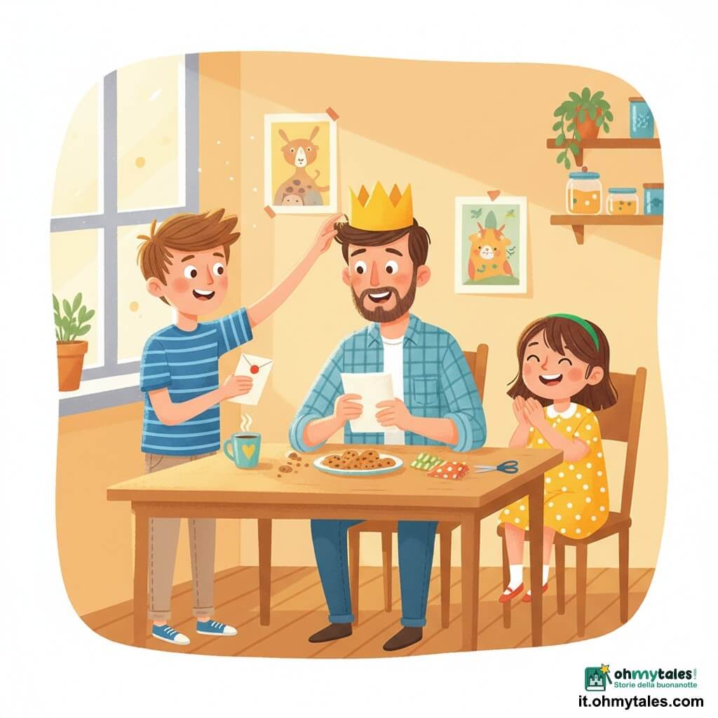 Ci sono 3 personaggi: Tommaso, bambino di 8 anni, capelli castani a ciuffo, maglietta a righe blu e pantaloni beige, a sinistra del tavolo tiene una lettera piegata e con l’altra mano posa una corona di carta sulla testa del padre; Nora, bambina di 8 anni, capelli castani legati con un elastico verde, vestito giallo a pois bianchi, a destra del tavolo sorride e applaude, davanti a lei un pacchetto di carta colorata e delle forbici; il padre, uomo di 35–40 anni, barba corta e capelli castani, camicia a quadri con maniche rimboccate, seduto al centro con una corona di carta gialla storta, tiene la lettera aperta con gli occhi lucidi e un grande sorriso emozionato. Luogo: cucina familiare accogliente con tavolo di legno chiaro, briciole di biscotti, tazza di caffè, piatto di biscotti, sedia di legno, finestra a sinistra con luce mattutina, poster infantili, mensole con barattoli e una piccola pianta. Situazione: sorpresa per la festa del papà, momento intimo e gioioso con i bambini che consegnano la lettera e coronano il padre, espressioni tenere, colori caldi e vivaci (giallo, arancione, blu, verde) e dettagli infantili.