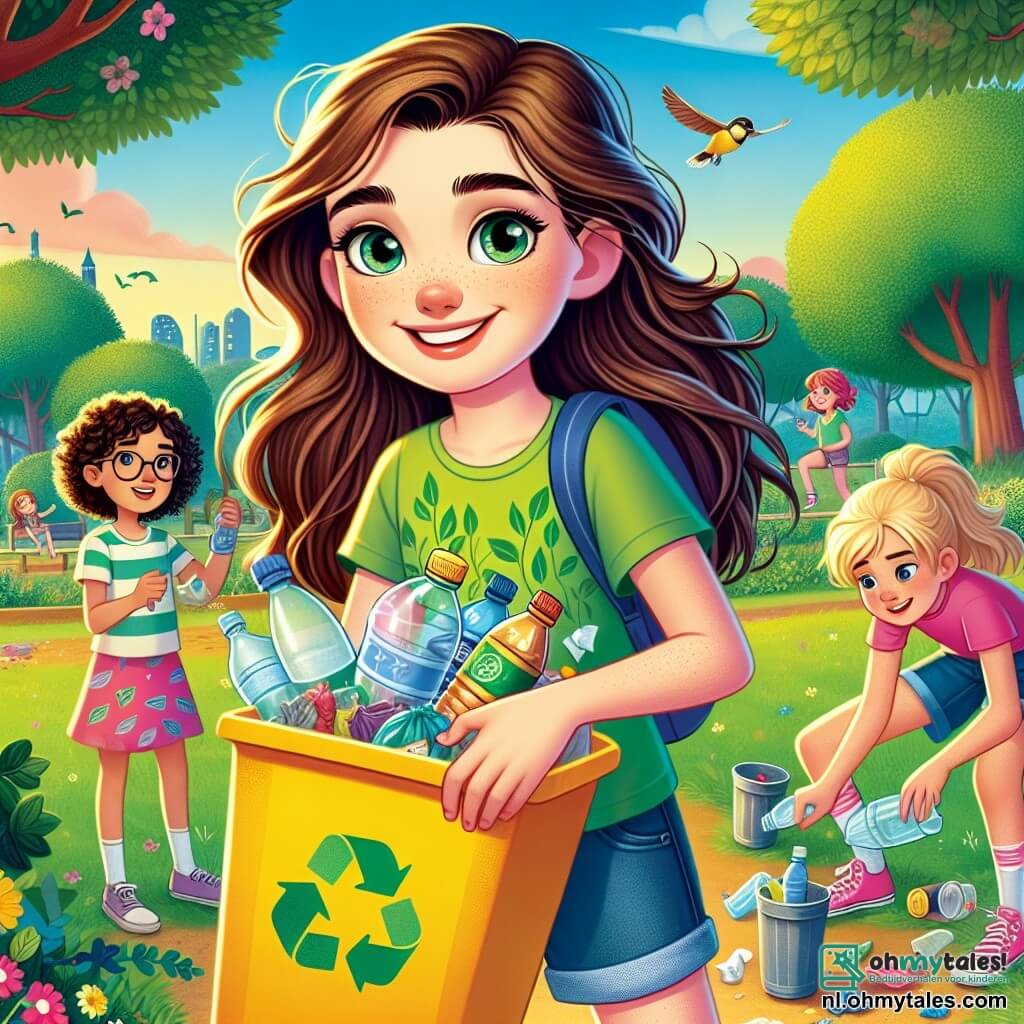 Een 10-jarig meisje, Lotte, met lang bruin haar en nieuwsgierige ogen, glimlacht vrolijk terwijl ze een grote gele vuilnisbak vol recyclebaar afval vasthoudt. Ze draagt een groene t-shirt met een bladerenmotief en een spijkerbroekshort, omringd door haar vrienden. Tom, een 10-jarig jongetje met rommelig blond haar en een bril, staat naast haar en pakt vastberaden een plastic fles op. Emma, een 9-jarig meisje met krullend haar en een kleurrijke jurk, zit iets verderop in een andere vuilnisbak afval te sorteren met een trotse glimlach op haar gezicht. De locatie is een groene park, vol majestueuze bomen, kleurrijke bloemen en een stralende blauwe lucht. Vogels zingen in de takken en kinderen spelen verderop op het gras. De hoofdactie toont Lotte en haar vrienden die enthousiast afval verzamelen en recyclen, terwijl ze genieten van een mooie zonnige dag.