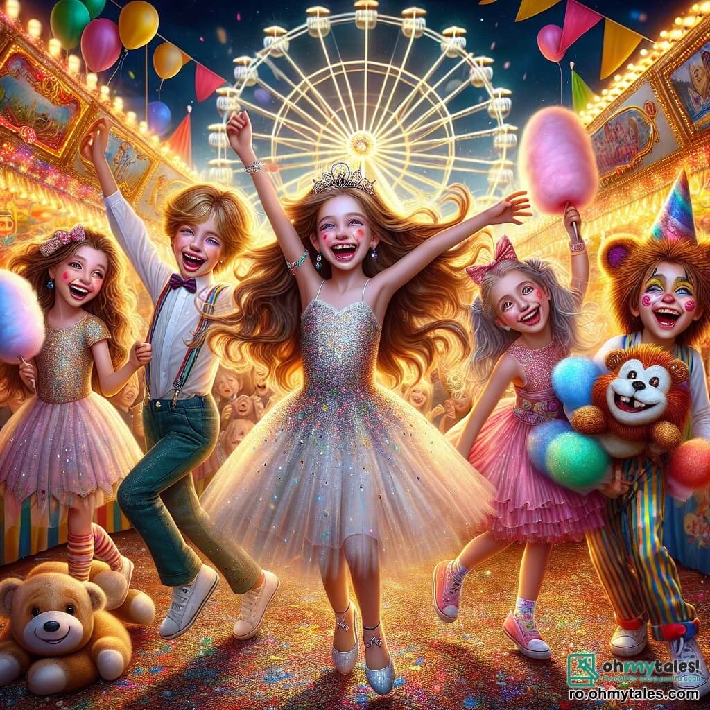 Într-un carnaval colorat, patru prieteni stau în centrul scenei. Sofia, o fetiță de 8 ani cu părul lung și o rochie strălucitoare, zâmbește ridicând brațele spre cer. În dreapta ei, Andrei, un băiat de 9 ani cu părul blond și un costum de clown colorat, face grimase pentru a-i face pe prieteni să râdă. În stânga, Radu, un băiat de 8 ani cu părul castaniu și o mască mare de leu, dansează vesel, arătându-și dinții albi. În final, Mia, o fetiță de 7 ani cu codițe și o rochie roz, ține o mare vată de zahăr, cu ochii strălucind de bucurie. Decorul este plin de baloane multicolore, ghirlande luminoase și standuri de jocuri. În fundal, o roată mare iluminată se învârte încet, adăugând o notă magică atmosferei festive. Cei patru prieteni dansează împreună, râzând și distrându-se, capturând spiritul vesel al carnavalului.