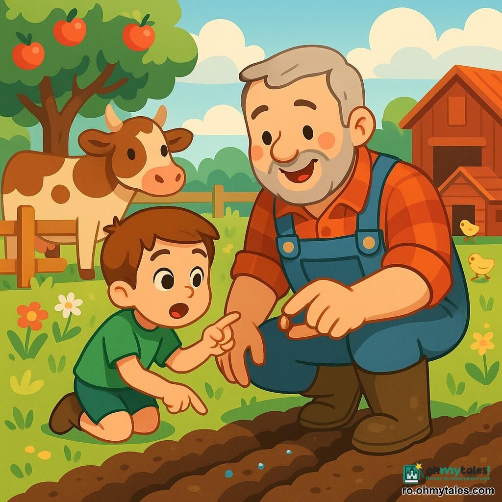 Un fermier zâmbitor și blând, față rotundă, piele deschisă, barbă scurtă grizonantă, în cămașă în carouri roșii și albastre, salopetă din denim și cizme murdare, se gândește aplecat plantând o sămânță între degetul mare și arătător într-un rând de pământ întunecat și umed; lângă el un băiețel de aproximativ 6 ani, păr castaniu scurt, privire uimită, în tricou verde și șort, arată spre sămânță; la stânga, o vacă brună cu pete, blândă, lângă o gard din lemn; în dreapta, un coteț roșu cu pui galbeni care ciugulesc; decor: un câmp cu brazde de pământ proaspăt, iarbă verde, flori sălbatice, un măr cu mere roșii, un hambar roșu și cer albastru cu nori pufoși; atmosferă caldă de primăvară, prim-plan pe mâini în pământ, textură de sol, picături de apă strălucitoare, lumină moale de dimineață, tonuri saturate, stil prietenos și copilăros.