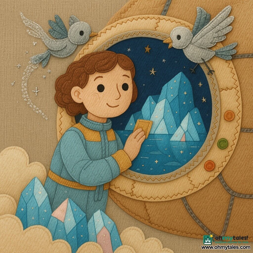 A calm, courageous woman pilot with a soft face, big round eyes, a serene smile and short curly chestnut hair wears a simple pastel blue and mustard-yellow spacesuit, holds a small glowing map and touches the cabin window with one hand; a small silver robot-bird with metallic feathers and one wing raised, sparkling with stardust and leaving a trail of silver glitter, flies before her; the round cabin has textured sewn panels and round felt buttons, large windows reveal a field of luminous icebergs like shards of glass with embroidered stars behind them; she gently guides the ship through a cloud of glowing icebergs that sparkle with blue and pink reflections, the movement calm and the atmosphere warm and reassuring.