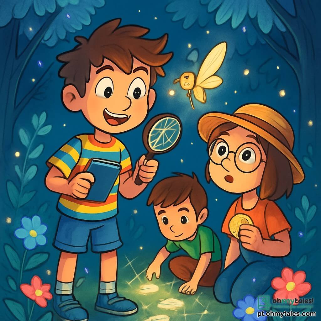 Um garoto de 10 anos, Lucas, com cabelos desgrenhados e olhos cheios de curiosidade, está no centro da cena, com um sorriso maravilhado no rosto. Ele usa uma camisa listrada colorida e um short de jeans, segurando uma lupa em uma mão e um pequeno caderno na outra, pronto para explorar. Ao seu lado, sua melhor amiga Bia, uma menina de 9 anos com um chapéu de palha e óculos redondos, observa atentamente uma pequena criatura dourada que voa ao redor deles. Ela tem um olhar fascinado e segura um biscoito na mão. Um pouco mais adiante, Tomás, um garoto de 10 anos com cabelos castanhos e uma camiseta verde, se agacha para examinar pegadas luminosas no chão, com uma expressão concentrada. O local é uma clareira mágica no coração de um bosque, cercada por árvores de folhas prateadas que brilham sob a luz da lua. Flores luminescentes de cores vivas crescem ao redor deles, e vaga-lumes dançam no ar, criando uma atmosfera encantada. A situação principal mostra Lucas, Bia e Tomás descobrindo uma pequena criatura dourada presa em uma teia brilhante, enquanto luzes cintilantes flutuam ao seu redor, revelando um mistério a ser resolvido.