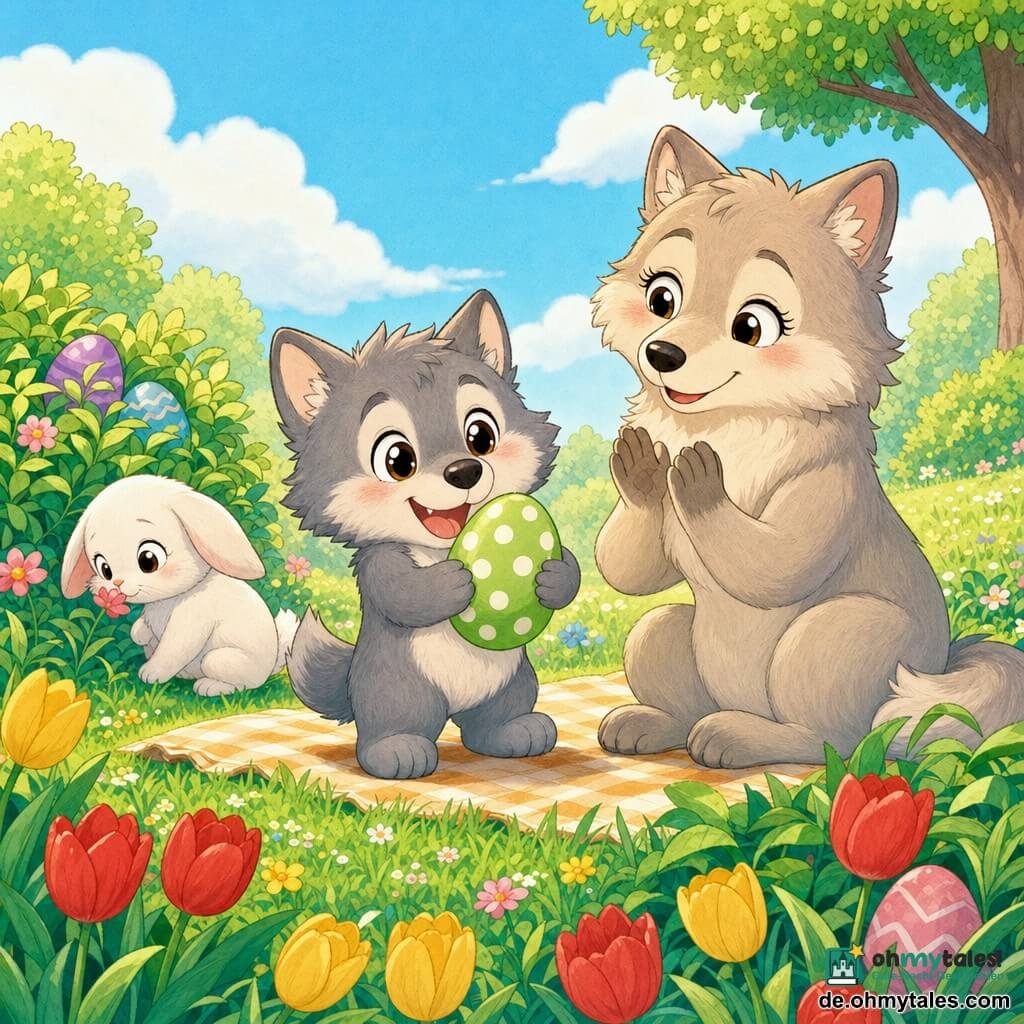 Ein kleiner Plüschwolf mit freudigem, staunendem Blick und glänzenden runden Augen, weichem grauem Fell, hält ein großes grünes Osterei mit weißen Punkten an die Brust; eine sanfte, rundliche Wolfs-Mama mit cremefarbenem Fell und zärtlichem Lächeln sitzt auf einer Decke und klatscht leise daneben; ein schüchterner weißer Hase mit langen Ohren schnuppert an einer Blume links; heller Frühlingsgarten mit samtgrünem Gras, roten und gelben Tulpen, grünen Büschen und leicht bewölktem blauem Himmel; Ostereiersuche am Tag, ruhige, farbenfrohe Stimmung, bemalte Eier unter Blättern sichtbar, weiches Licht, leichte Schatten, komposition zentriert auf den kleinen Wolf und seine Mutter, comicartiger Stil mit runden Konturen und Pastellfarben.