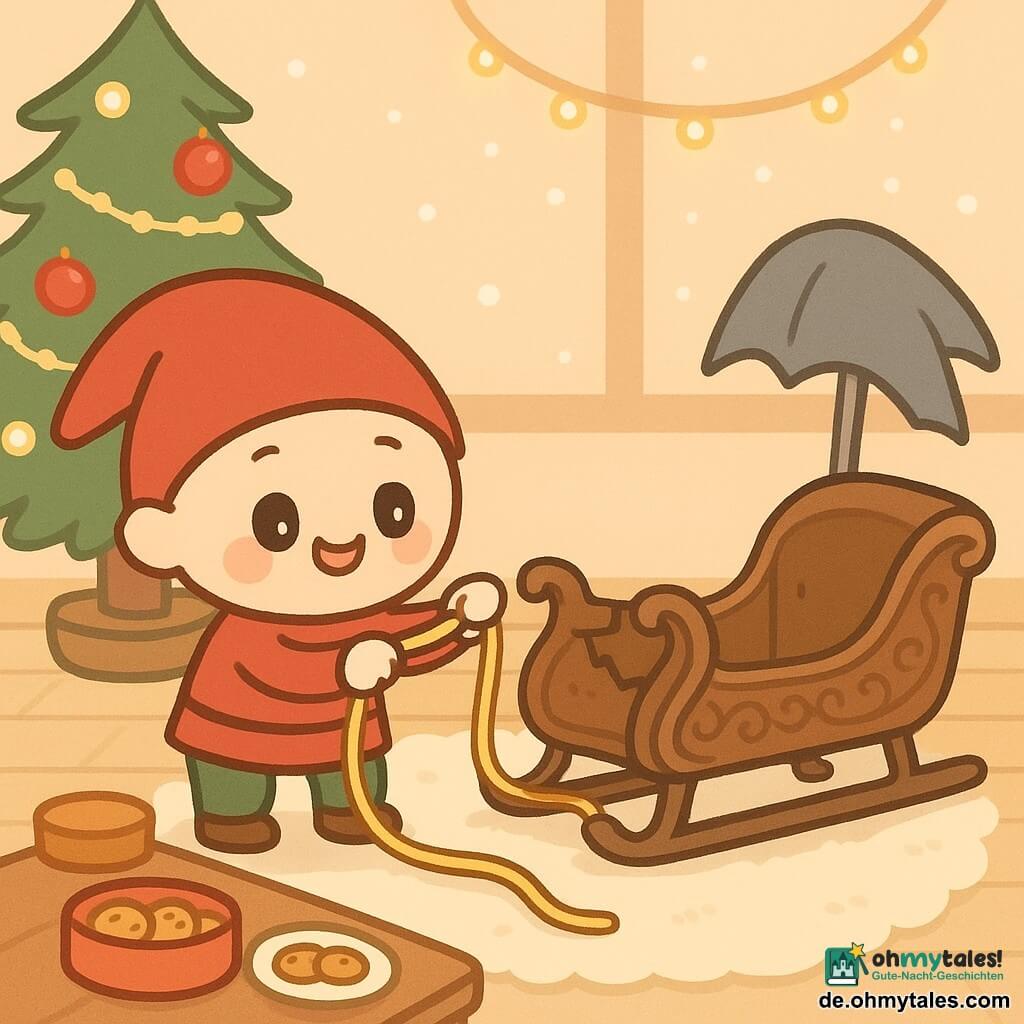 Schnurri, ein kleiner Weihnachtskobold mit roter Mütze, rundem Gesicht, großen Augen und schelmischem Lächeln, spannt konzentriert eine glänzend goldene Schnur, um die Riemen eines alten, braun lackierten Holzschlittens zu reparieren; der Schlitten wirkt erleichtert und steht neben einem flauschigen Teppich, während ein gebogener, bläulich-grauer alter Regenschirm in der Ecke seine Hand reicht, als hätte er die Schnur übergeben. Die Szene spielt an einem warmen Weihnachtsabend im Wohnzimmer mit hellem Holzboden, geschmücktem Tannenbaum (rote Kugeln, Girlanden), sanfter Lichterkette, geöffneter Keksdose auf dem Couchtisch und Schneeflocken am Fenster; Stimmung: magische Reparatur, warme, helle Farben (Rot, Gold, Braun) mit Schneewittakzenten, zentrierte Komposition, einfache Linien, runde Formen, weiche Schatten, minimalistischer Kawaii-Stil.