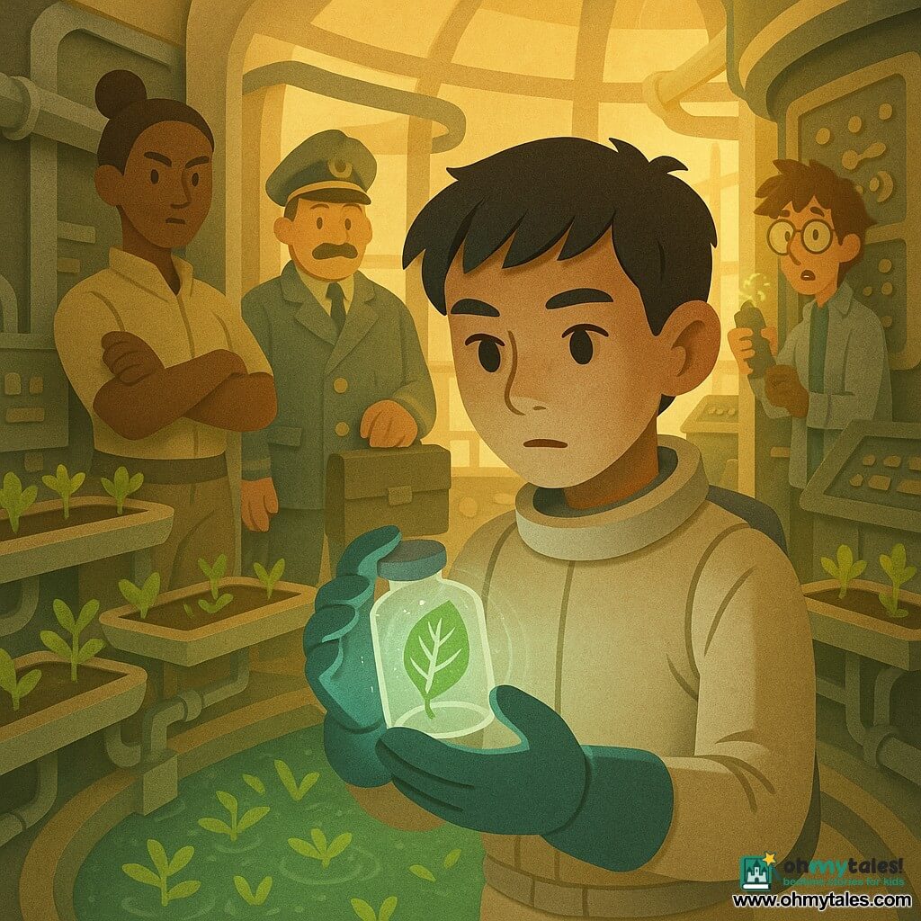 A 12-year-old boy—slim, short black hair, focused gentle face, curious slightly worried look—carefully holds a small glass vial containing a green leaf with silvery veins; he wears a lightweight spacesuit and sterile gloves, leaning toward the plant. Behind him a traffic chief woman—brown skin, hair in a bun, firm but attentive expression—stands with arms crossed near a control panel observing. Near the entrance a captain—adult man with a round face, thin mustache and reassuring yet serious smile—holds a sealed case ready to act. A young adult technician—messy hair, glasses, surprised expression—handles a small transmitter slightly back by a decorated panel. The setting is a cylindrical glass botanical bay in an orbital tower with golden filtered light, rows of floating plants on magnetic trays, silver pipes and screens, and a small pool of glowing algae. The moment is one of gentle tension—the leaf in the vial emits a faint halo and pulsing pattern, a digital wall clock shows a jump in seconds, controllers in the background watch screens showing vessel trajectories; the mood is scientific and mysterious, warm colors (gold, green, silver) and high-contrast cut-paper textures. Visual style: simple layered shapes, visible cut-paper edges, soft paper shadows, limited bright palette.