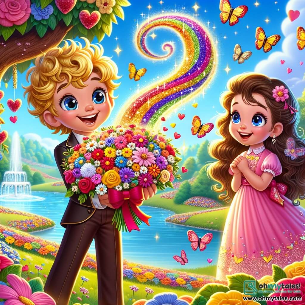A 6-year-old boy named Oliver, with curly golden hair and sparkling eyes, holds a colorful bouquet of flowers that wiggle and shimmer. He smiles widely, overflowing with excitement and love. Next to him is a 6-year-old girl named Lily, with long brown hair and bright eyes, wearing a pink dress adorned with small butterflies. She gazes at the bouquet in wonder, her arms open to embrace her friend. The background is the Valley of Love, an enchanting landscape filled with large chocolate trees, multicolored flowers, and a sparkling lake reflecting the blue sky. Heart-shaped clouds float gently in the sky. The main scene shows Oliver offering his magical bouquet to Lily, filled with joy and love, while butterflies dance around them, creating a festive and warm atmosphere, perfect for Valentine's Day.
