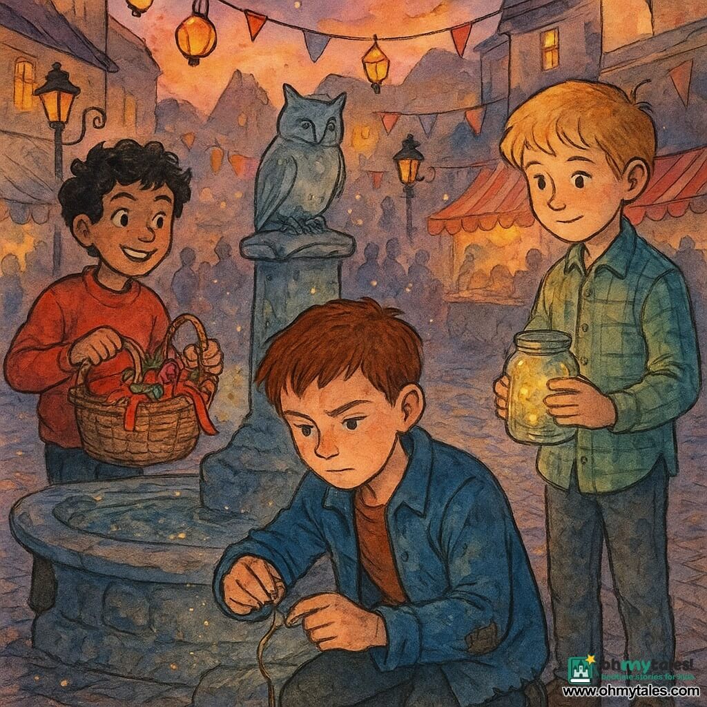 There are three boys: Milo — about 10, serious-faced with freckles and short chestnut hair, wearing a slightly worn blue jacket, kneeling by the foreground fountain carefully repairing a loose small stone with a piece of string; Felix — about 9, tousled black curls and a mischievous grin, in a bright red sweater, standing left of Milo holding a basket of ribbons and lanterns and looking toward the crowd; Jamie — about 11, fine blond hair and a gentle attentive expression, in a green plaid shirt, standing right of Milo holding a small jar of glowing fireflies and watching the repaired stone. They are in an old cobbled square at dusk with three carved stone fountains (wolves, owls, sleeping fox), wrought-iron lampposts strung with colored lanterns, pastry stalls with cinnamon smoke, fluttering flags and gold-and-pink reflections on wet cobbles. The boys are protecting the festival: Milo fixes the moving fountain stone while Felix tends the lanterns and Jamie watches the fireflies; the scene is soft and magical with textured colored-ink feel, warm lantern light and tiny sparkling water glints around the sculptures.
