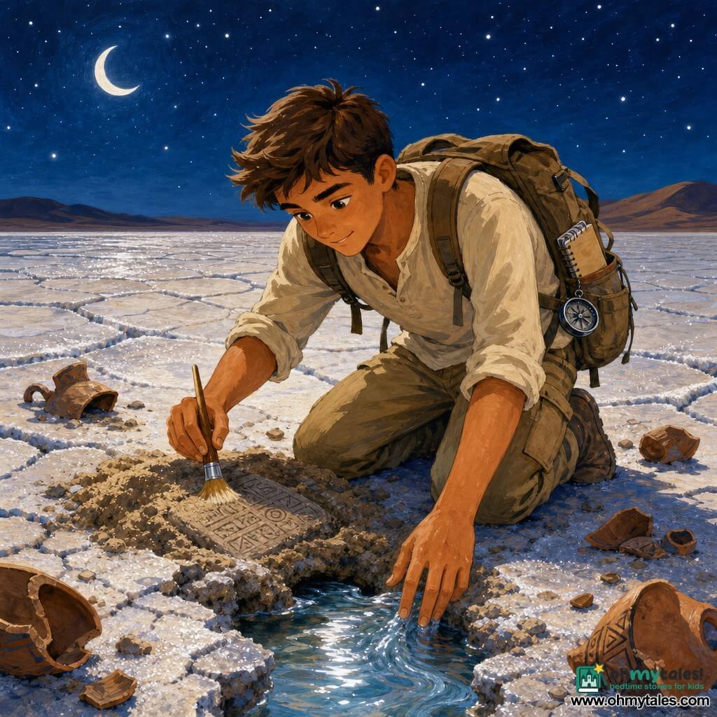 A young man, Leo, about 20, with a determined, awed expression and bright eyes, short chestnut hair and slightly tanned skin, kneels brushing sand to reveal an engraved stone while reaching toward a small hole where clear water trickles; no other humans are present; the scene is a salt flat under a thin crescent moon with pearly white hexagonal cracked ground and shimmering silver salt sheets, dark sand dunes and distant silhouettes in the background beneath a deep starry sky; scattered ancient pottery shards lie around and the moon reflects in the water, conveying a gentle surprise and peaceful mystery.