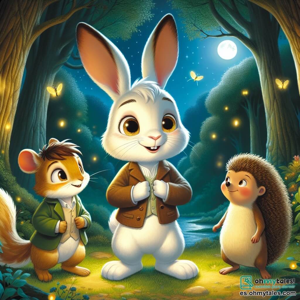 Toby, un pequeño conejo blanco con manchas marrones, se encuentra valientemente en el centro de la imagen, con sus grandes orejas erguidas y sus ojos brillantes de emoción y determinación. Respira profundamente, listo para enfrentar la noche. A su derecha, Susi, una pequeña ardilla dorada con una cola esponjosa, lo mira con una sonrisa alentadora, sus ojos chispeando de alegría. A la izquierda, Pipo, un erizo con púas suaves y una expresión amigable, está listo para apoyar a su amigo.

El escenario es un claro encantado en un bosque, bañado por la suave luz de la luna, rodeado de majestuosos árboles con hojas brillantes. Luciérnagas bailan a su alrededor, iluminando el paisaje con un brillo mágico.

La situación principal muestra a Toby, Susi y Pipo reunidos, listos para explorar la noche juntos, mientras Toby supera su miedo a la oscuridad, rodeado de sus amigos que le brindan consuelo y luz.