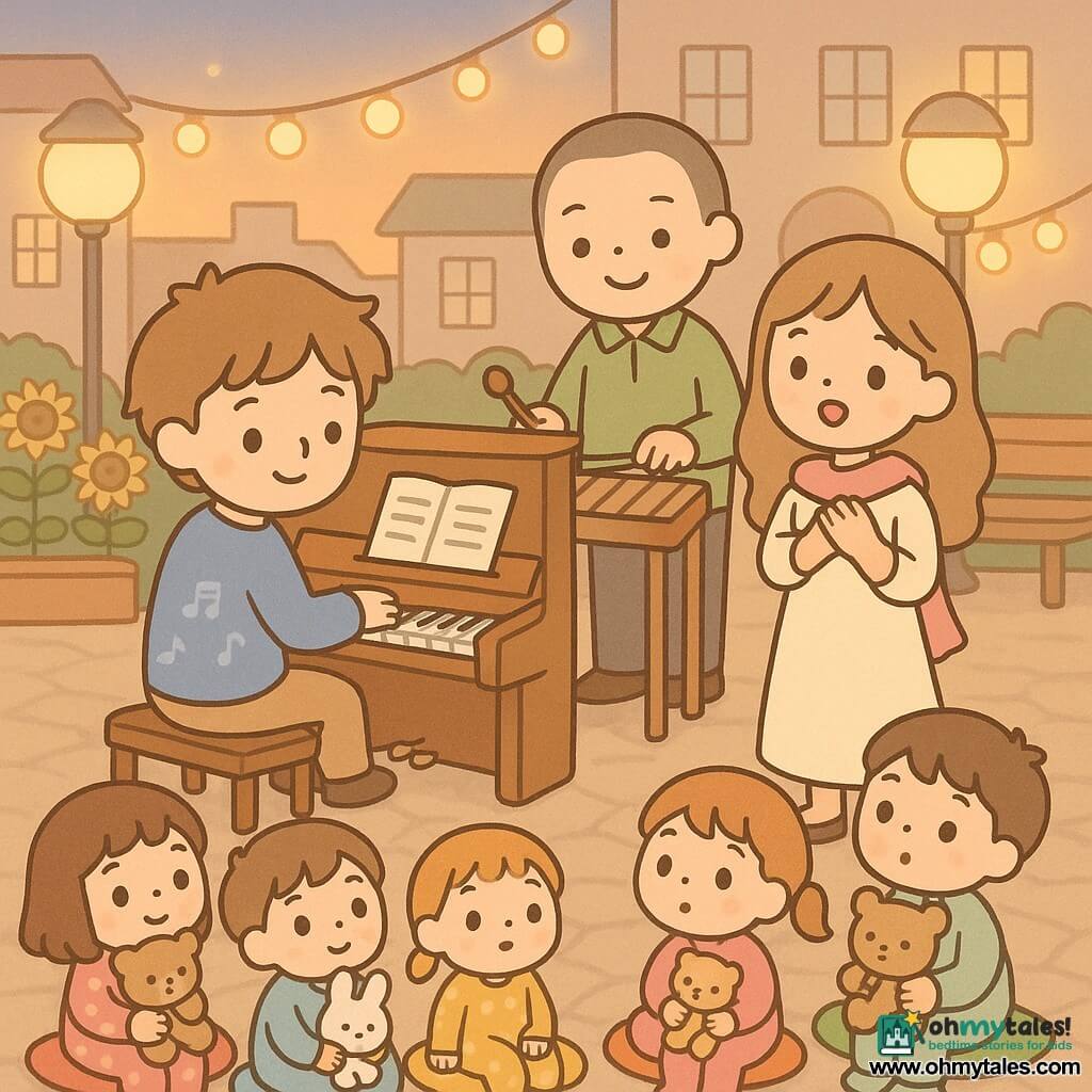 A gentle smiling adult man with tousled light brown hair in a small blue sweater with note motifs sits at a glossy wooden piano with his hands on the white keys, looking tenderly focused; beside the piano to the right stands Lila, a ~25-year-old singer in a light cream dress and pink scarf, singing softly with one hand on her heart and a warm expression; slightly back left, Mr. Jun, ~40, tall in a green shirt, taps a small wooden marimba with a small wooden mallet, sharing a knowing smile; several children (boys and girls, 4–8) sit on cushions front stage in colorful pajamas clutching stuffed animals, eyes wide with wonder. Setting: a small village square at dusk with simple cobbles, warm round lampposts, string lights, sunflowers and benches; intimate outdoor concert where piano, marimba and voice answer each other, calm luminous atmosphere, pastel colors, soft contrasts, rounded shapes, minimal kawaii graphic style with flat textures, very light shadows and focus on gentle expressions and musical details (keyboard, mallet, sheet music).