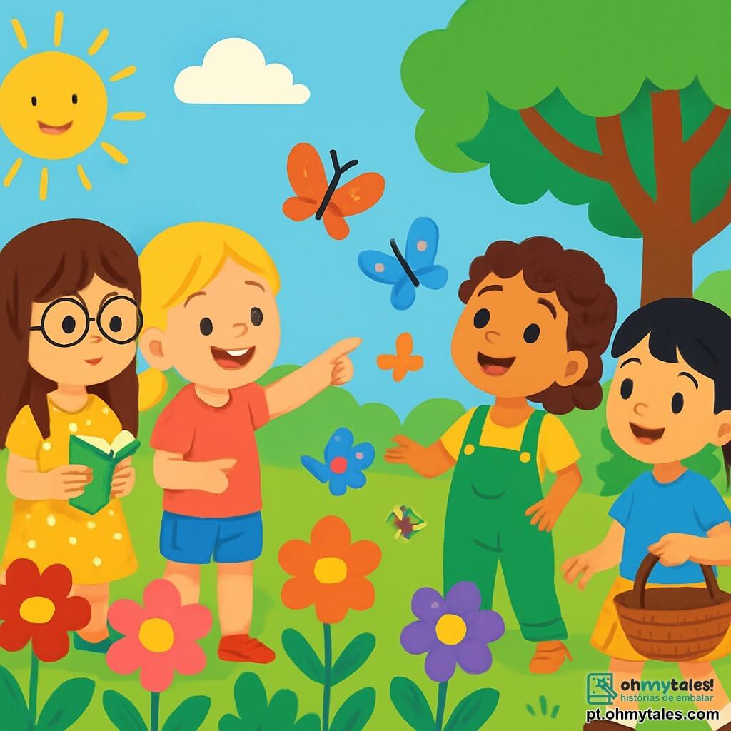 Há 4 crianças: - Luna: uma menina de 6 anos, com cabelos longos e castanhos e óculos redondos. Ela usa um vestido amarelo com bolinhas e segura um caderno nas mãos. - Sofia: uma menina de 5 anos, com cabelos loiros trançados e um sorriso radiante. Ela está vestida com uma camiseta rosa e um shorts de jeans, apontando para o parquinho. - Maria: uma menina de 6 anos, com cabelos cacheados castanhos e olhos brilhantes. Ela usa um macacão verde e observa as borboletas ao seu redor. - Júlia: uma menina de 5 anos, com cabelos lisos e pretos presos em um rabo de cavalo. Ela está vestida com uma blusa azul e uma saia florida, segurando uma cesta para colher frutas. As crianças estão em um jardim colorido, cheio de flores vibrantes, grandes árvores verdes e um parquinho de madeira com balanços e um escorregador. O sol brilha em um céu azul claro, e borboletas dançam ao redor das flores. A cena principal mostra as quatro amigas explorando o jardim, maravilhadas com as borboletas e as flores, prontas para viver uma aventura de verão cheia de risadas e descobertas.