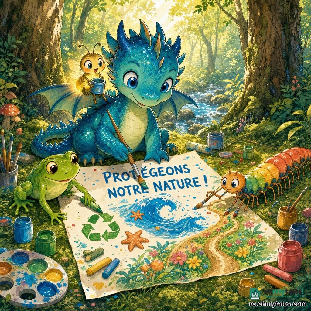 Mic dragon (personaj principal): tânăr și rotund, solzi strălucitori bleu-turcoaz, ochi mari bleu deschis, expresie curioasă și veselă, așezat în fața unei foi mari albe, ținând o pensulă și pictând valuri și stele de mare. Licurici (personaj secundar): mic, galben-oranj, lumină blândă în jur, pe umărul dragonului, ține un mini-borcănel de vopsea și privește desenul cu uimire. Broscuță (personaj secundar): broască verde strălucitoare cu ochi mari și ștrengari, îngenuncheată la stânga, trasează cu cretă verde simbolul reciclării pe afiș. Miriapod (personaj secundar): miriapod lung și colorat, picioare subțiri ca pensulele, la dreapta grupului, pictând poteci înflorite în partea de jos a afișului. Loc: poiană de pădure luxuriantă cu covor de mușchi, trunchiuri înalte cu scoarță texturată, raze de soare aurii și un pârâu sclipitor în fundal. Situație: atelier în aer liber în care animalele creează un mare afiș despre protecția naturii, paletă vie (bleu, verde, galben, corai), unelte împrăștiate (pensule, borcane, crete), compoziție caldă și centrată, stil cerneală/acuarelă colorată cu contururi moi și detalii copilărești.