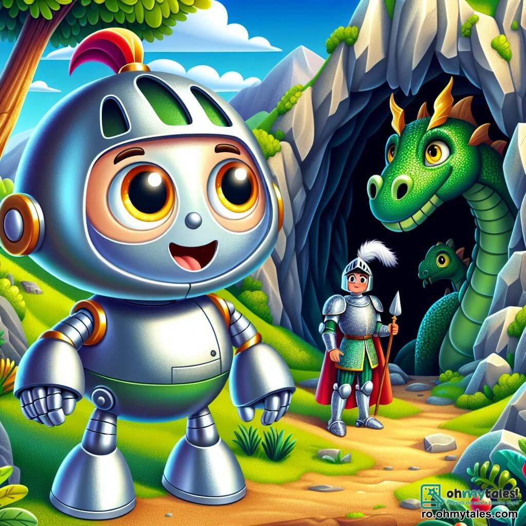 Bobo, un mic robot din metal strălucitor cu ochi luminoși și un zâmbet vesel, stă cu curaj în fața unei peșteri întunecate, pregătit să înfrunte un dragon. Are un corp rotunjit și brațe articulate, părând hotărât și entuziast. Lângă el, un cavaler în armură strălucitoare, cu un coif împodobit cu pene colorate, îl privește cu admirație pe Bobo, fața sa exprimând atât curiozitate, cât și respect. În umbra peșterii, un dragon măreț cu solzi verzi și ochi aurii observă scena, având o expresie intrigată și ușor timidă, ca și cum s-ar întreba ce vor face acești noi prieteni. Locul este o munte abrupt, cu stânci abrupte și copaci dese care înconjoară intrarea peșterii, în timp ce un cer albastru deschis și însorit contrastează cu întunericul din interior. Situația principală arată cum Bobo și cavalerul se pregătesc să intre în peșteră, hotărâți să întâlnească dragonul și să descopere misterele care se ascund acolo.