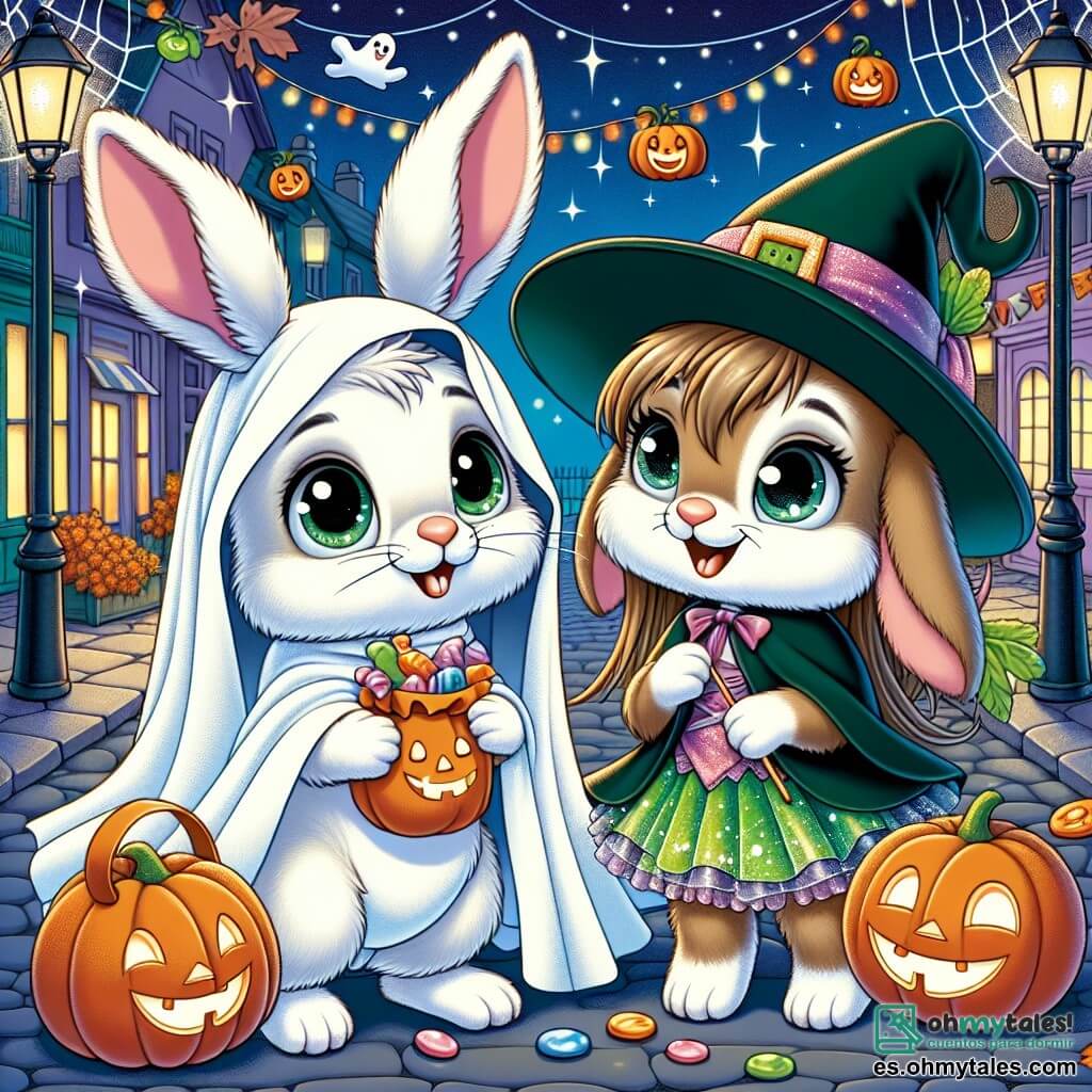 Ilustración que representa a un joven conejo de grandes orejas, con un pelaje suave y blanco, vestido con un simple disfraz de fantasma hecho de una vieja sábana. Tiene una mirada curiosa y una sonrisa maravillada, sosteniendo una bolsa de caramelos coloridos con sus patas delanteras. A su lado, una joven coneja, con pelaje marrón y ojos brillantes, está disfrazada de bruja con un sombrero puntiagudo y un vestido verde brillante. Se ríe alegremente, sosteniendo una varita mágica de plástico, lista para hacer trucos. En el fondo, la escena transcurre en una calle animada de un pequeño pueblo, decorada con linternas naranjas, calabazas sonrientes y guirnaldas de telarañas. Las casas están adornadas con luces centelleantes, creando un ambiente festivo y cálido. La situación principal muestra a los dos conejos explorando la magia de Halloween, maravillados por las decoraciones y los dulces, mientras otros pequeños animales disfrazados bailan y se divierten a su alrededor. Elementos gráficos adicionales incluyen hojas de otoño girando en el aire, estrellas brillantes en el cielo nocturno y sombras suaves proyectadas por las linternas, añadiendo un toque de misterio y alegría a la escena.