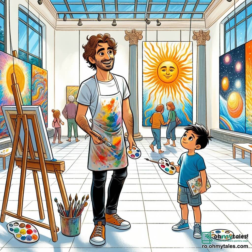 Un bărbat pe nume Andrei, de aproximativ 30 de ani, stă în centrul unei galerii de artă luminoase, înconjurat de picturile sale colorate. Are părul brun ușor ondulat și poartă un sort de pictor stropit cu culori vii. Fața lui exprimă bucurie și mândrie în timp ce admiră o pictură care reprezintă un soare strălucitor. Lângă el, un băiat pe nume Radu, de aproximativ 8 ani, are ochii strălucind de curiozitate. Este îmbrăcat cu un tricou albastru și un șort, ținând în mâini un mic carnet de schițe. Radu îl observă atent pe Andrei, fascinat de procesul creativ al artistului. Galeria este spațioasă, cu pereți albi care pun în valoare operele de artă colorate. Feronier mari lasă să intre lumina soarelui, creând o atmosferă caldă și primitoare. Vizitatorii se deplasează în jurul lor, admirând tablourile agățate pe pereți. Situația principală arată cum Andrei îi explică lui Radu importanța artei, în timp ce pictează o lucrare vibrantă. Culorile strălucitoare ale picturii contrastează cu fundalul alb al galeriei, creând o scenă plină de viață și inspirație.