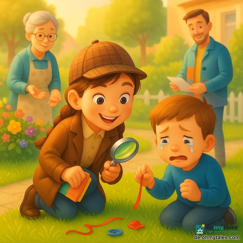 Die Protagonistin ist ein etwa 10-jähriges Mädchen als Detektivin, ausdrucksvolles lächelndes Gesicht, wache Augen, kastanienbraune Zopfhaare, hält in einer Hand eine kleine glänzende Lupe und in der anderen ein buntes Notizbuch, gebückt und neugierig; neben ihr sitzt der etwa 6-jährige Tim, weinend aber erleichtert, hält in der rechten Hand ein abgerissenes rotes Ballonband; hinter ihnen steht Frau Becker (ca. 65) am Blumenbeet, graue Haare zu einem Dutt, Blumen-Schürze, zeigt ein kleines Stück roten Ballons in ihrer Handfläche; ein unbekannter Mann (ca. 35) in bunter Jacke mit Knöpfen steht einige Schritte entfernt lächelnd und hebt ein Papier auf, an seiner Jacke fehlt ein blauer Knopf; Schauplatz ein heller Quartiersgarten mit grüner Rasenfläche, buntem Blumenbeet, niedriger Hecke, weißem Lattenzaun, kleiner gepflasterter Allee und goldenem Morgenlicht; Hauptsituation: das Detektivmädchen untersucht auf dem Gras ausgelegte Hinweise — abgeschnittenes Band, Ballonstück und blauer Knopf — die Personen versammelt, Atmosphäre sanft, neugierig und beruhigend.