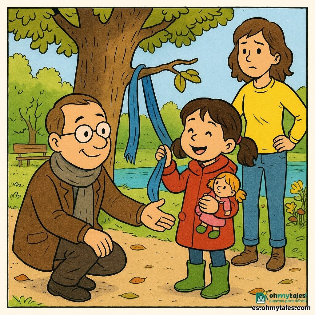 Tomás, hombre de rostro redondo, gafas finas y abrigo marrón algo gastado, se arrodilla sonriendo y tiende la mano a Lucía; Lucía (≈6 años), aliviada y alegre, con coletas, abrigo rojo, botas verdes y su muñeca en un brazo, recupera su larga bufanda azul atrapada en una rama; Carla (≈10 años), chispada y algo preocupada, de pie atrás con suéter amarillo observa la escena; de fondo, un parque con un gran árbol de tronco texturizado, banco, un pequeño lago y flores; momento de reencuentro cálido y seguro, colores vivos y contornos suaves.